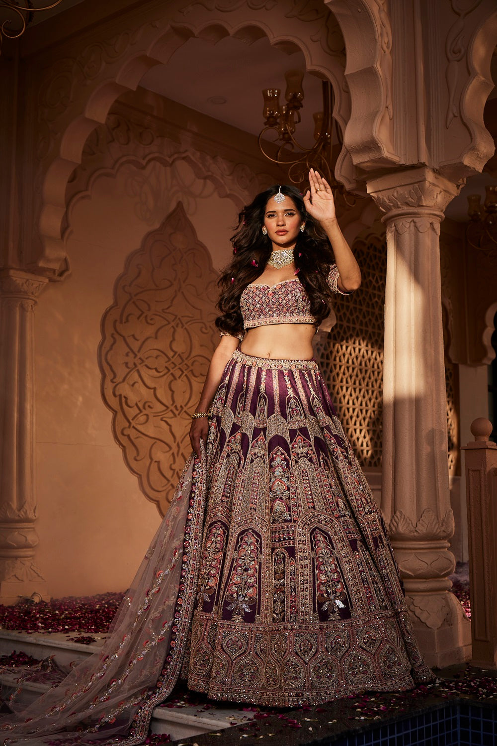 Wine rawsilk hand embroidered lehenga