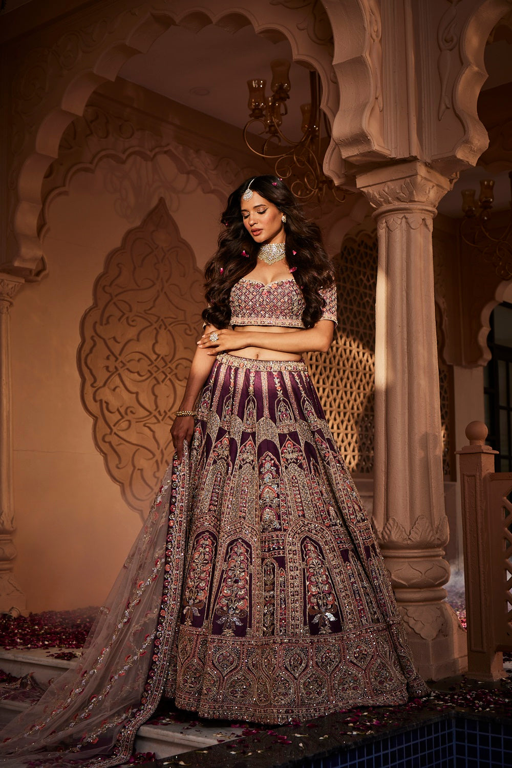 Wine rawsilk hand embroidered lehenga