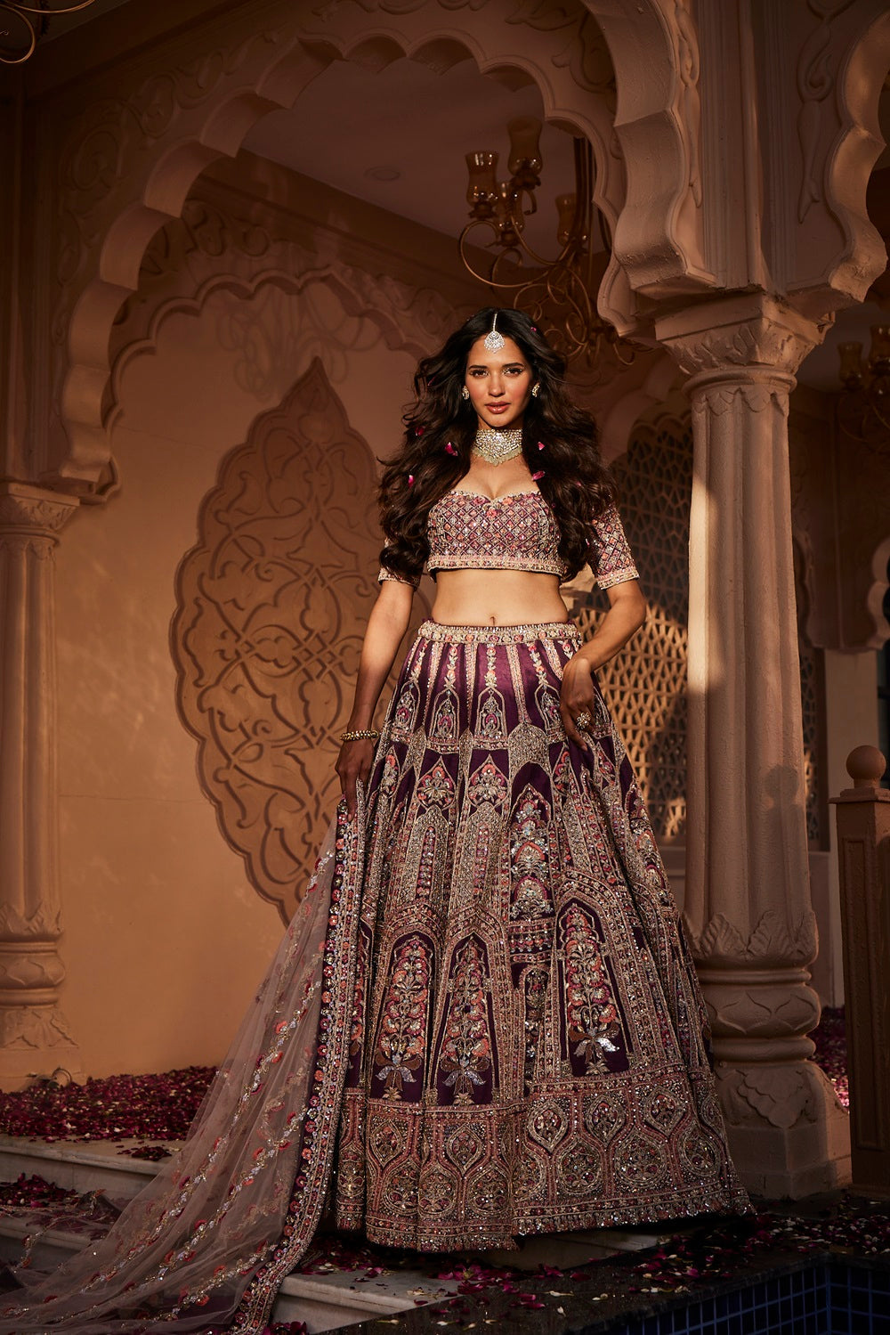 Wine rawsilk hand embroidered lehenga