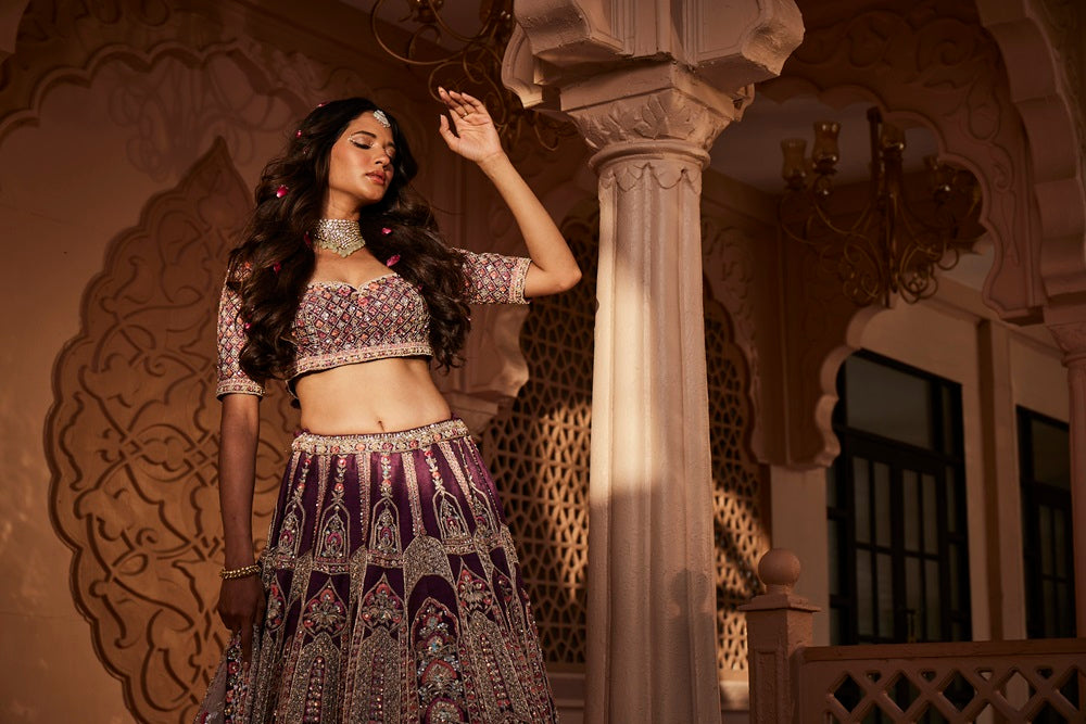 Wine rawsilk hand embroidered lehenga