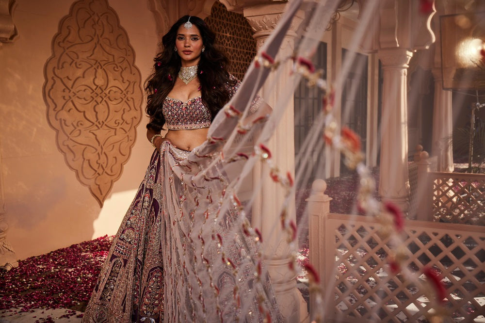 Wine rawsilk hand embroidered lehenga