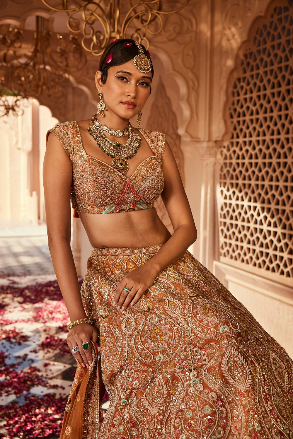 Rust embellished lehenga