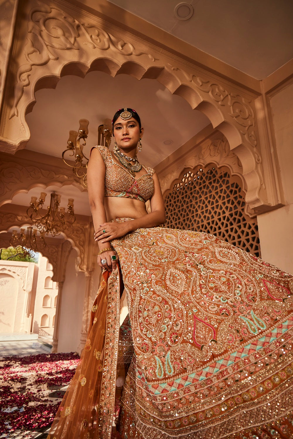 Rust embellished lehenga