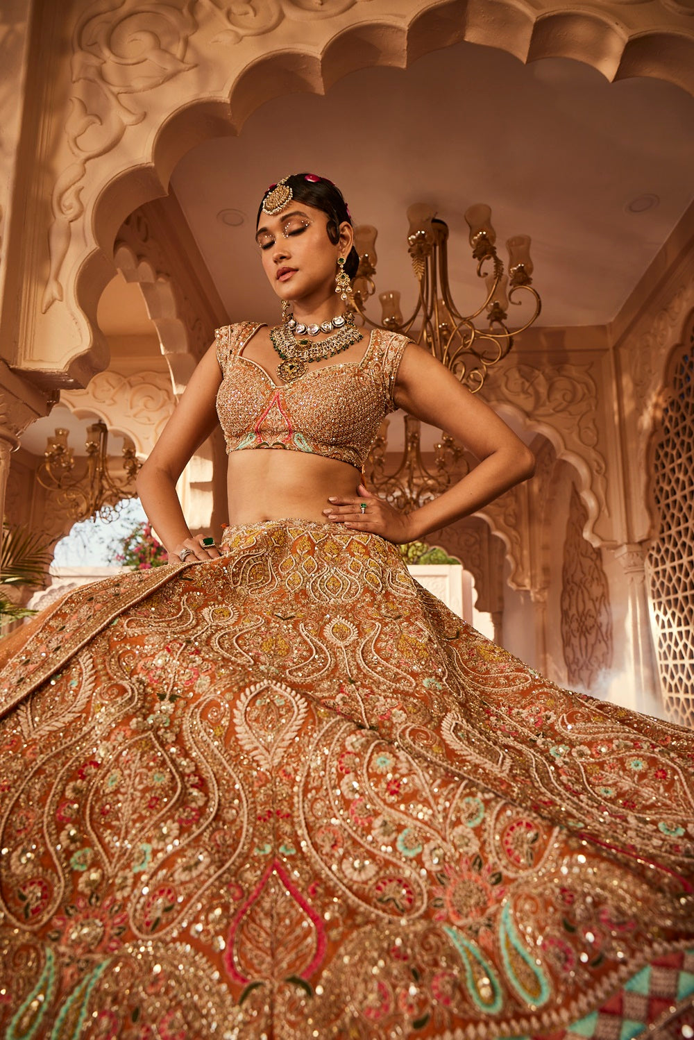 Rust embellished lehenga