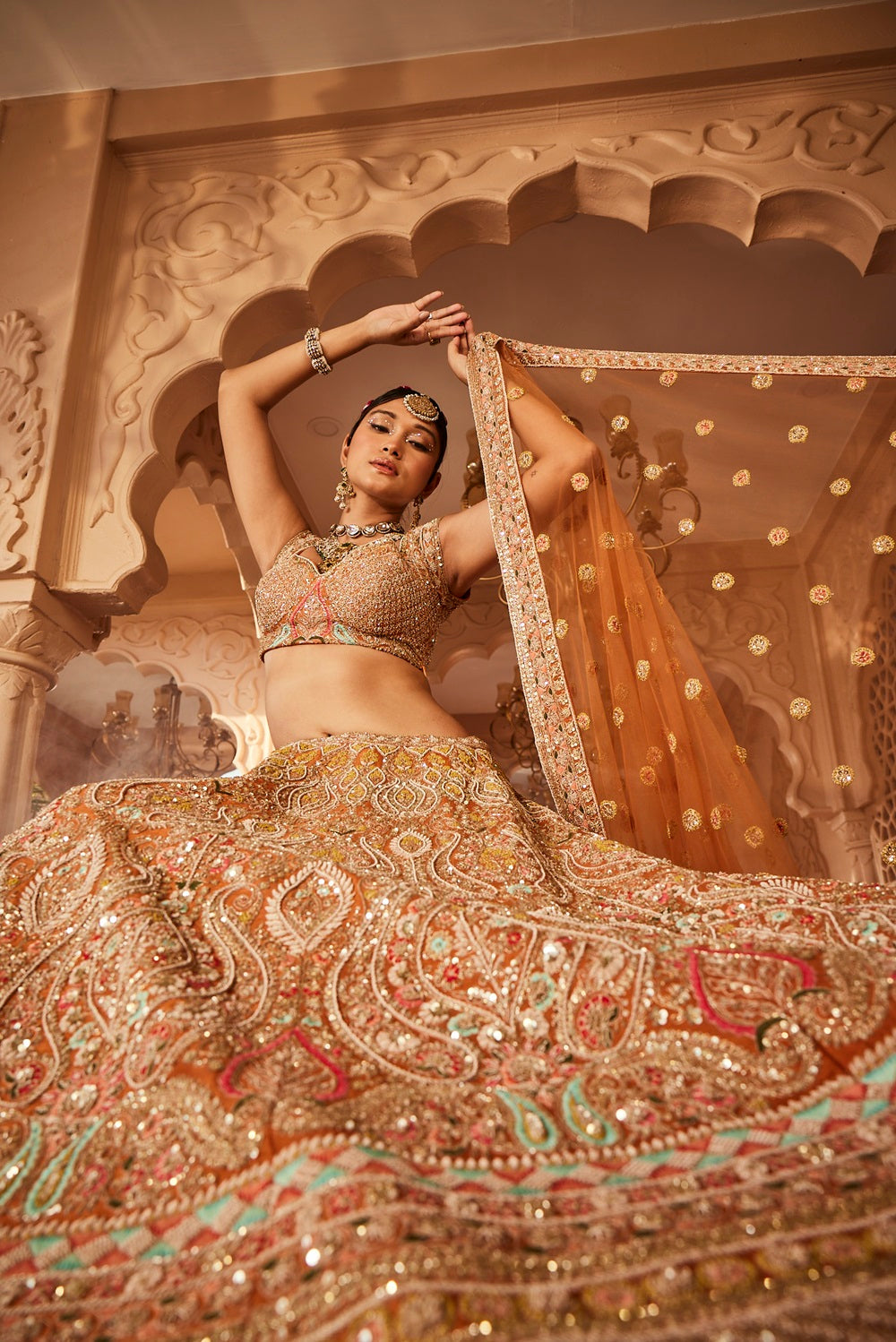 Rust embellished lehenga