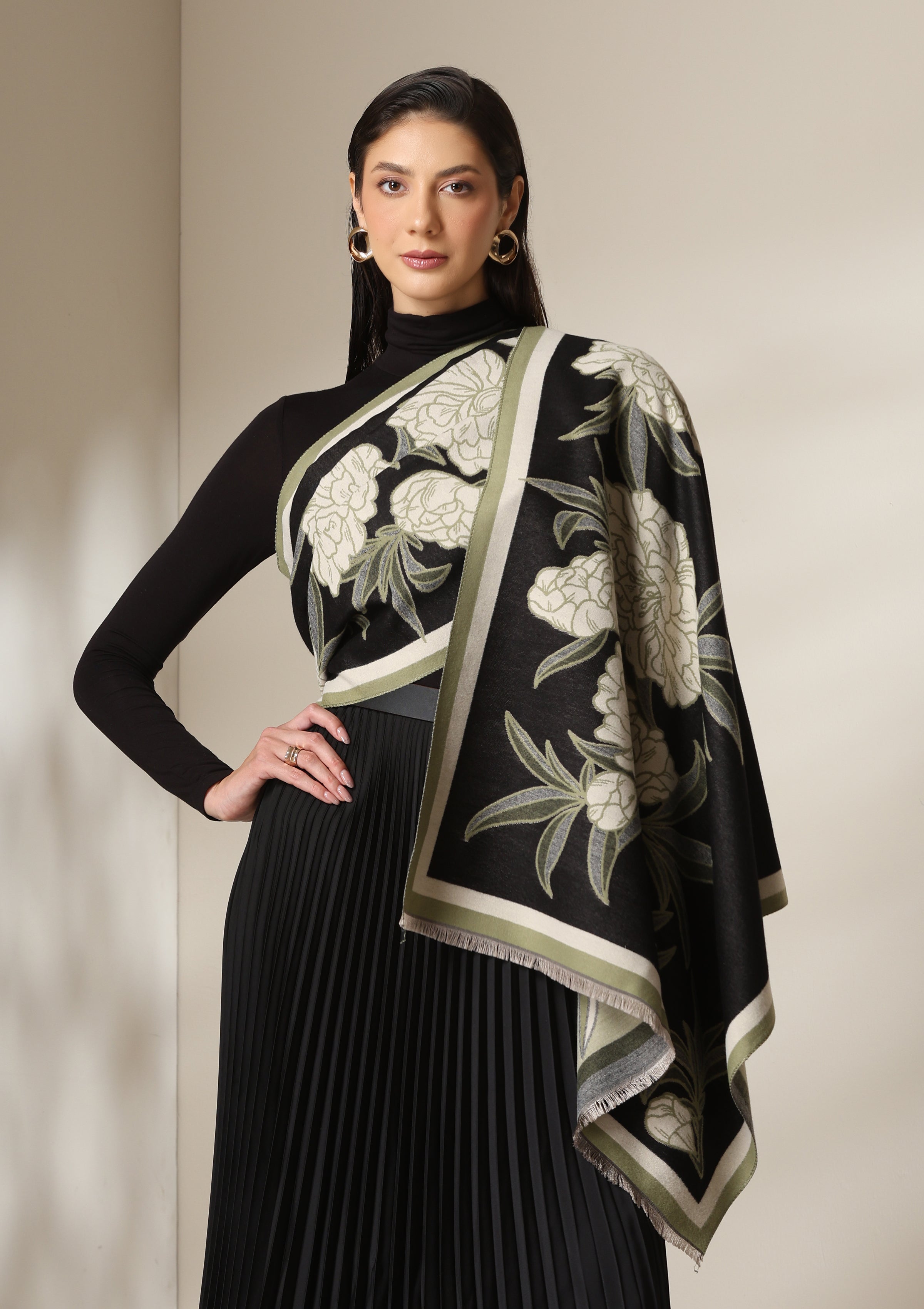 Black Peony Garden Woven Cashmere Blend Shawl