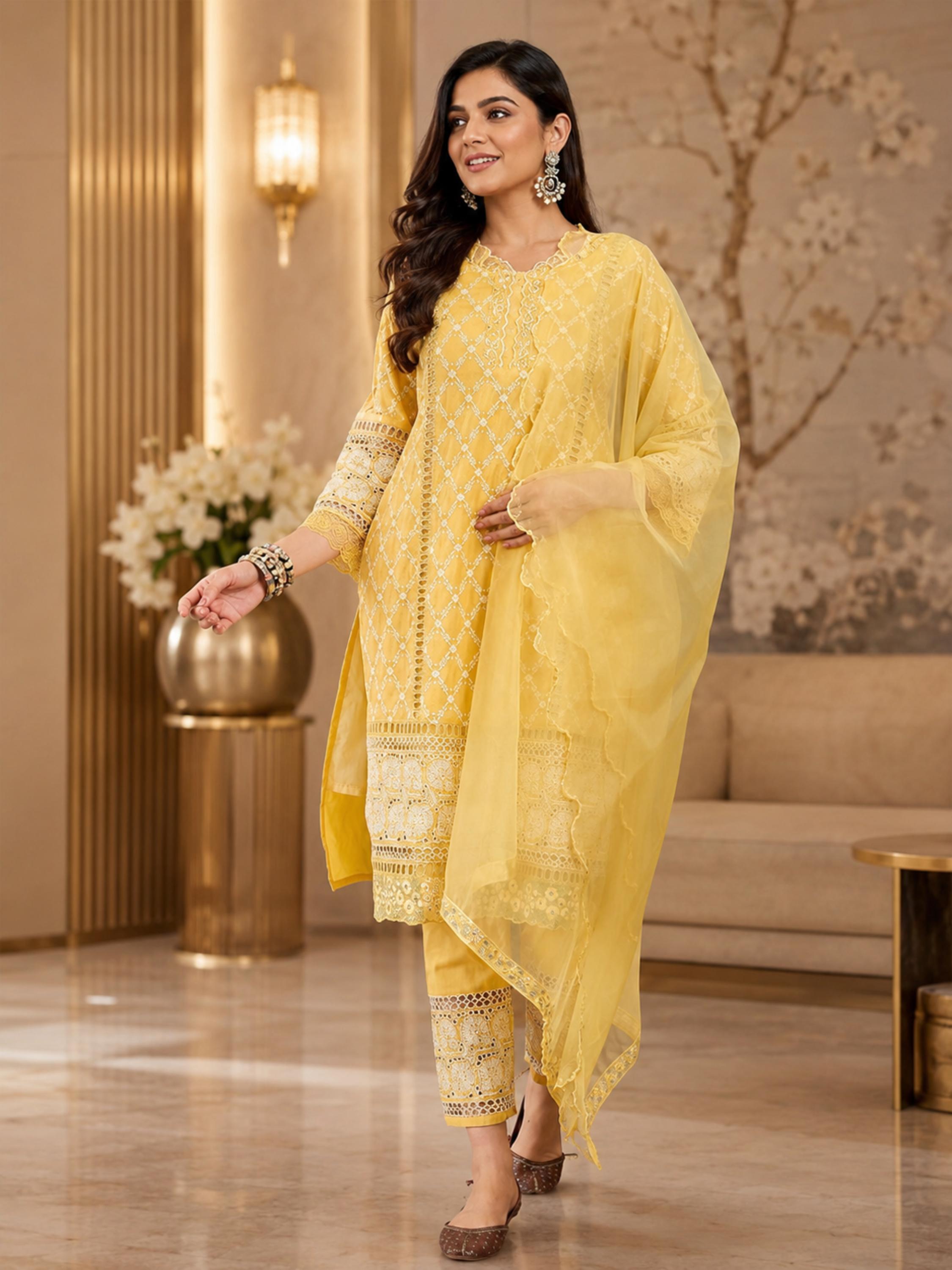 Women's Pure Cotton Yellow Kurta Set