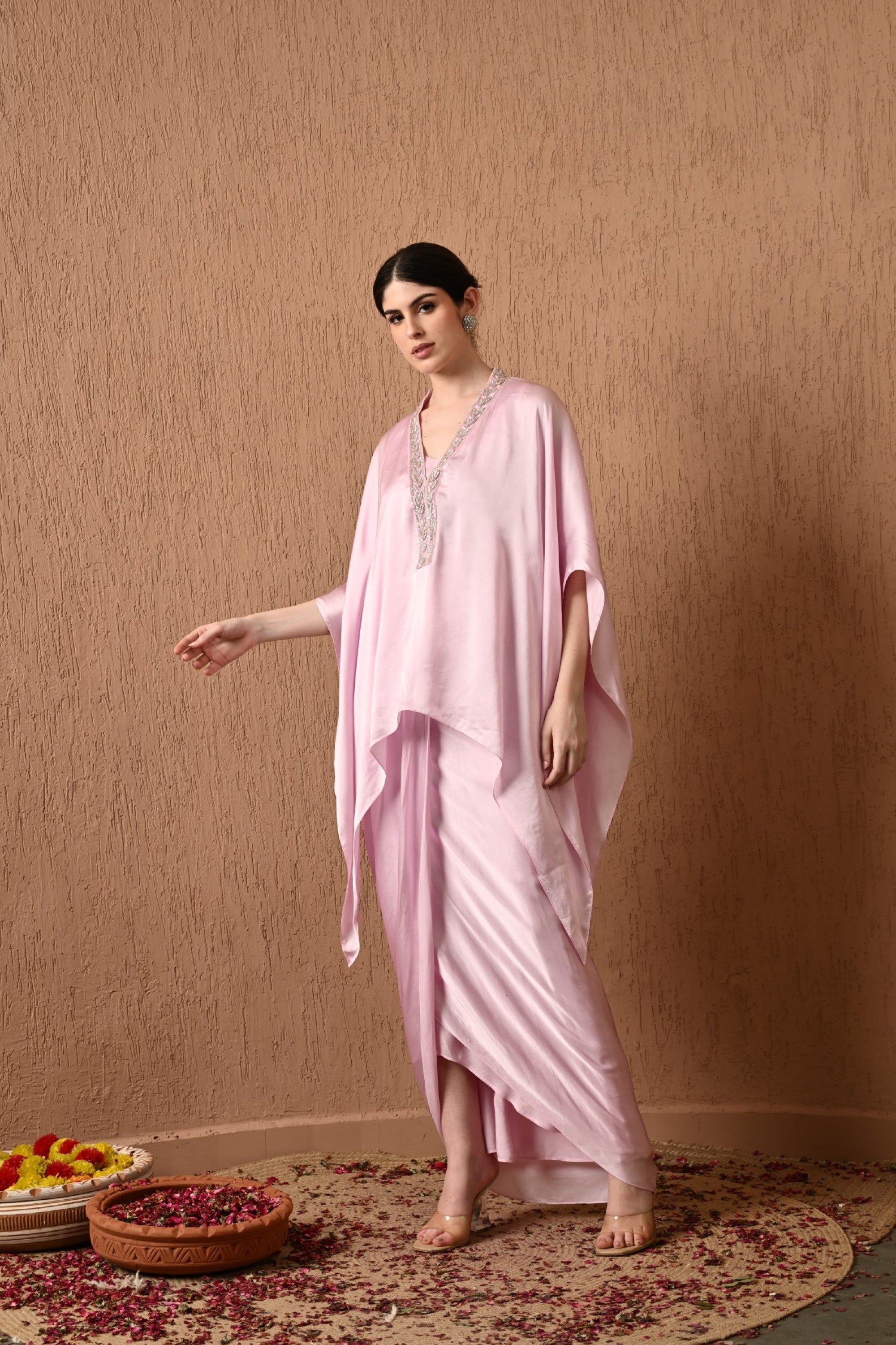 Pink Designer Kaftan With Draped Skirt