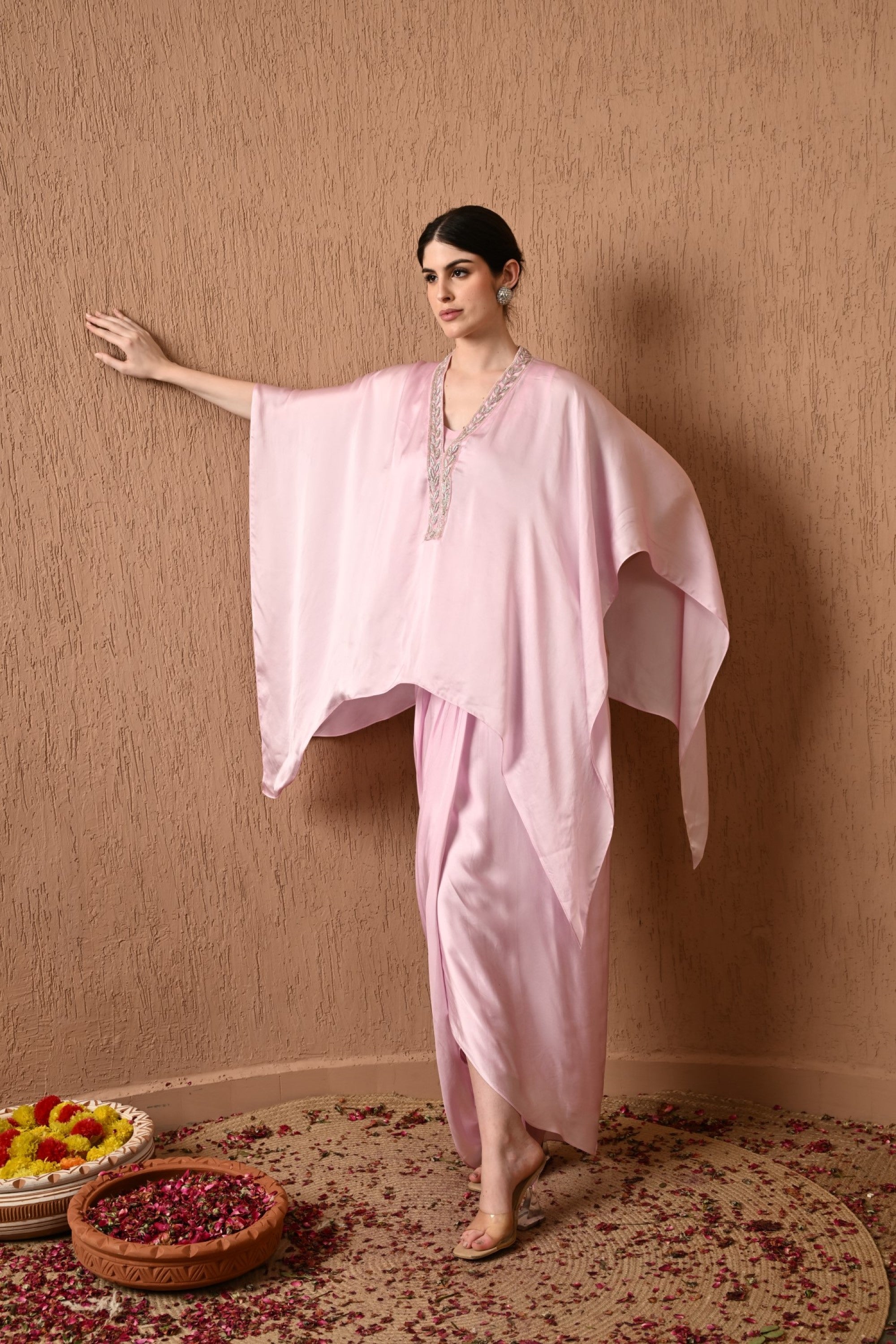 Pink Designer Kaftan With Draped Skirt