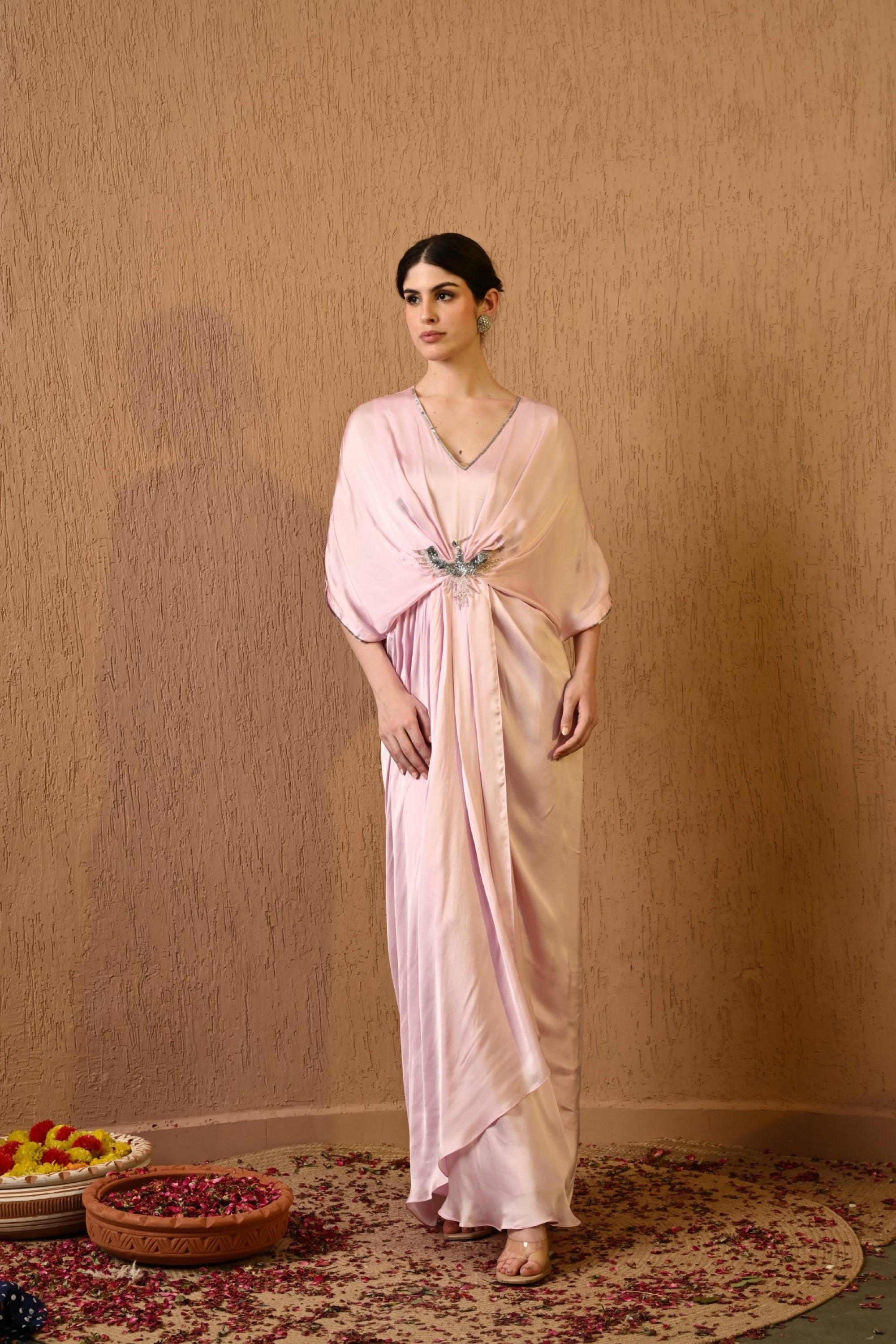 Pink V Neck Embroidered Kaftan