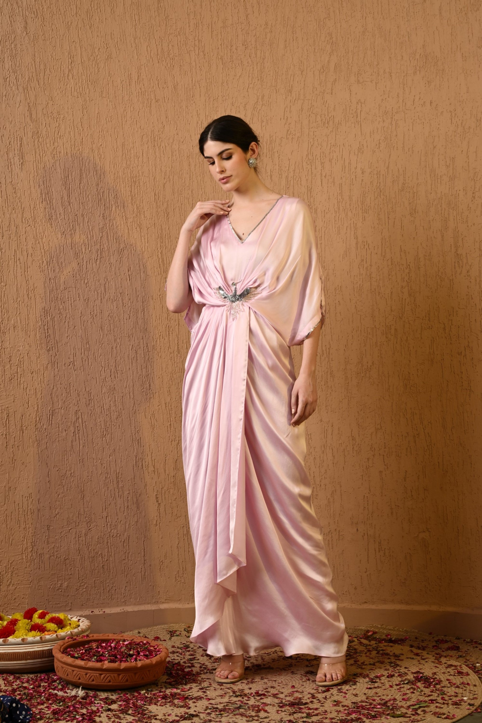 Pink V Neck Embroidered Kaftan