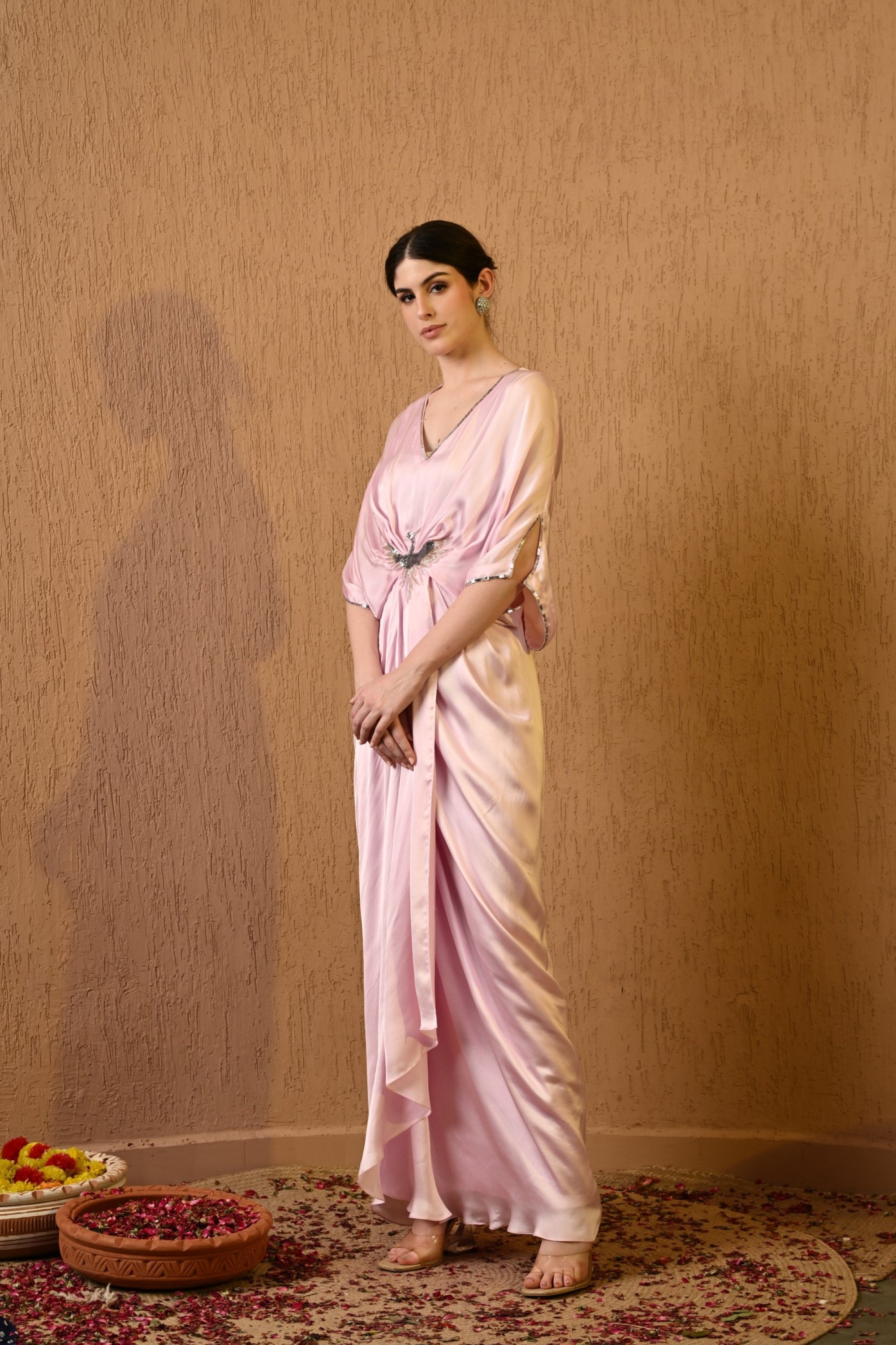 Pink V Neck Embroidered Kaftan