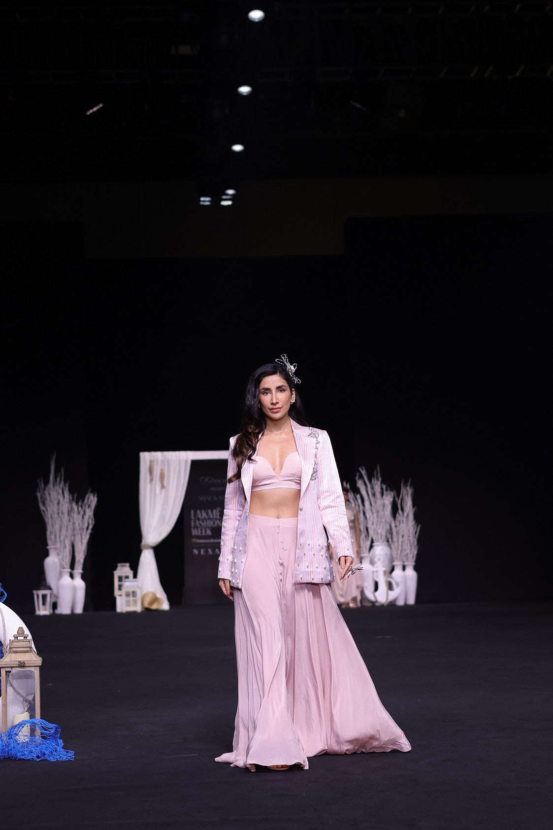 Peachy Pink Bralette and flare pants with embellished ajrakh patchworked jacket