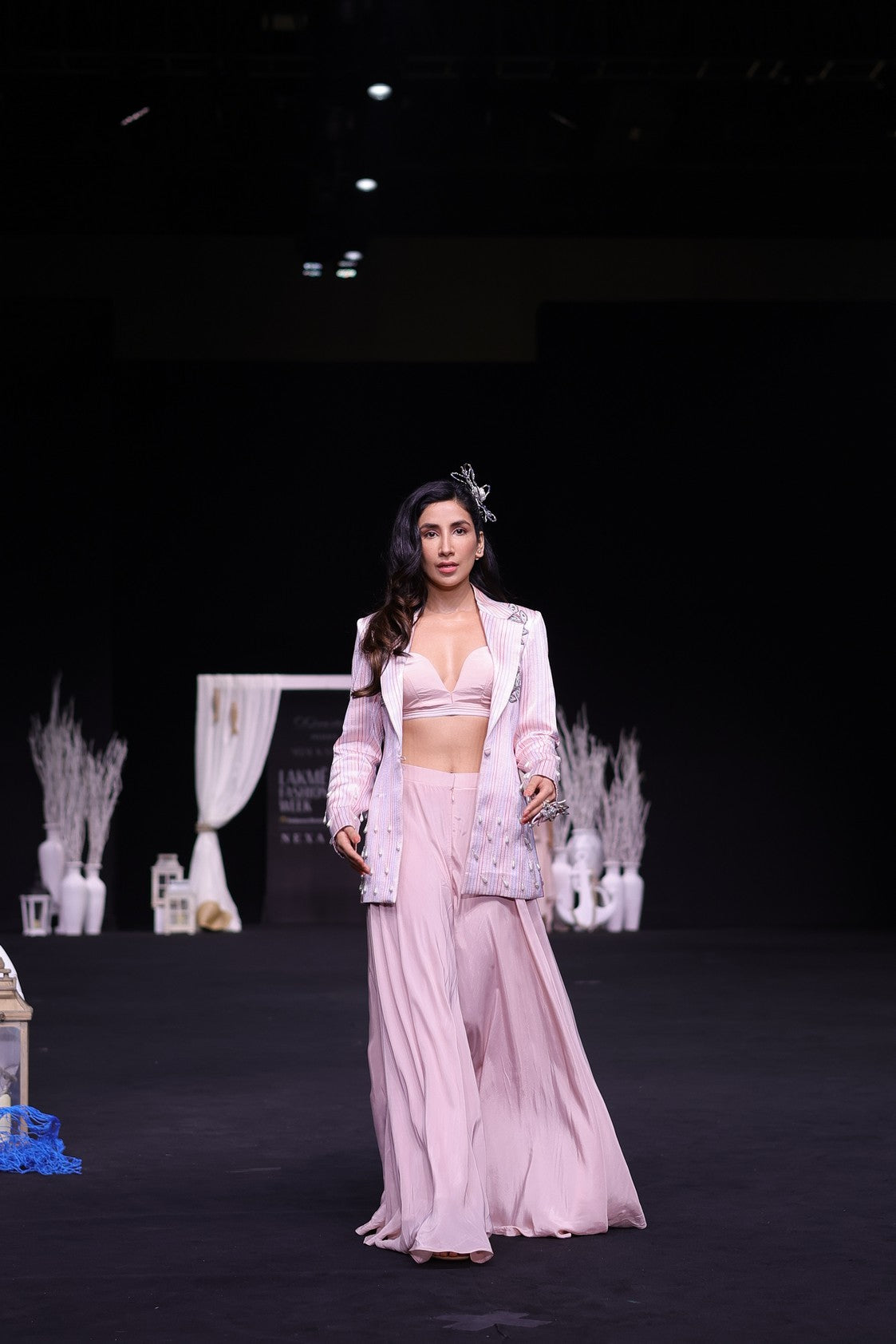 Peachy Pink Bralette and flare pants with embellished ajrakh patchworked jacket