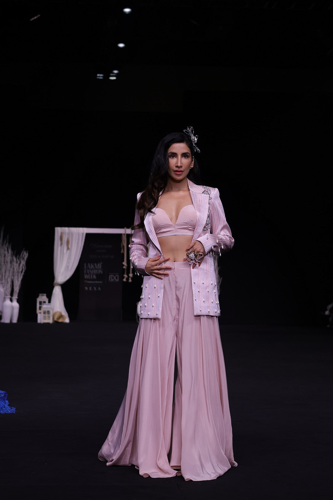 Peachy Pink Bralette and flare pants with embellished ajrakh patchworked jacket