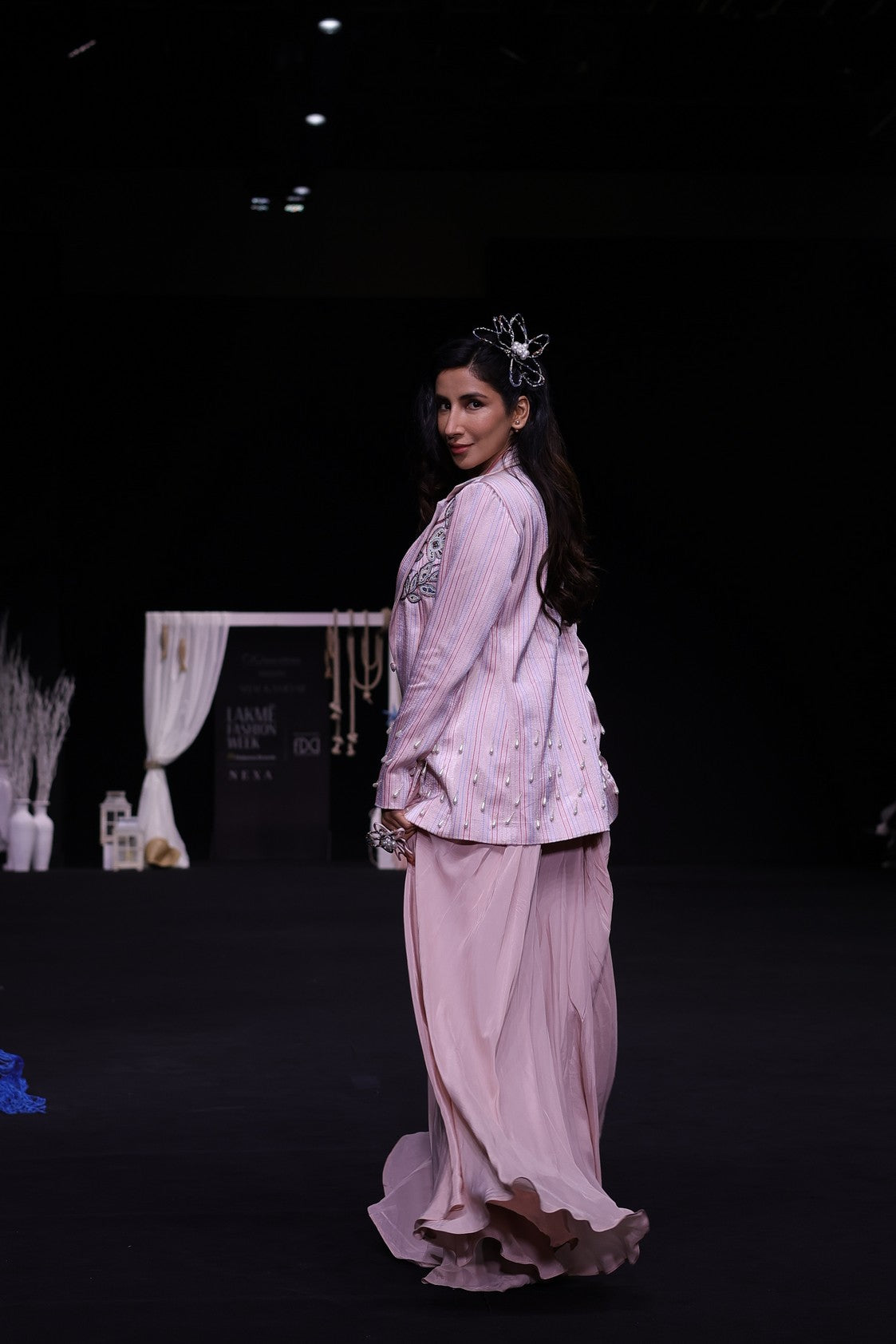 Peachy Pink Bralette and flare pants with embellished ajrakh patchworked jacket