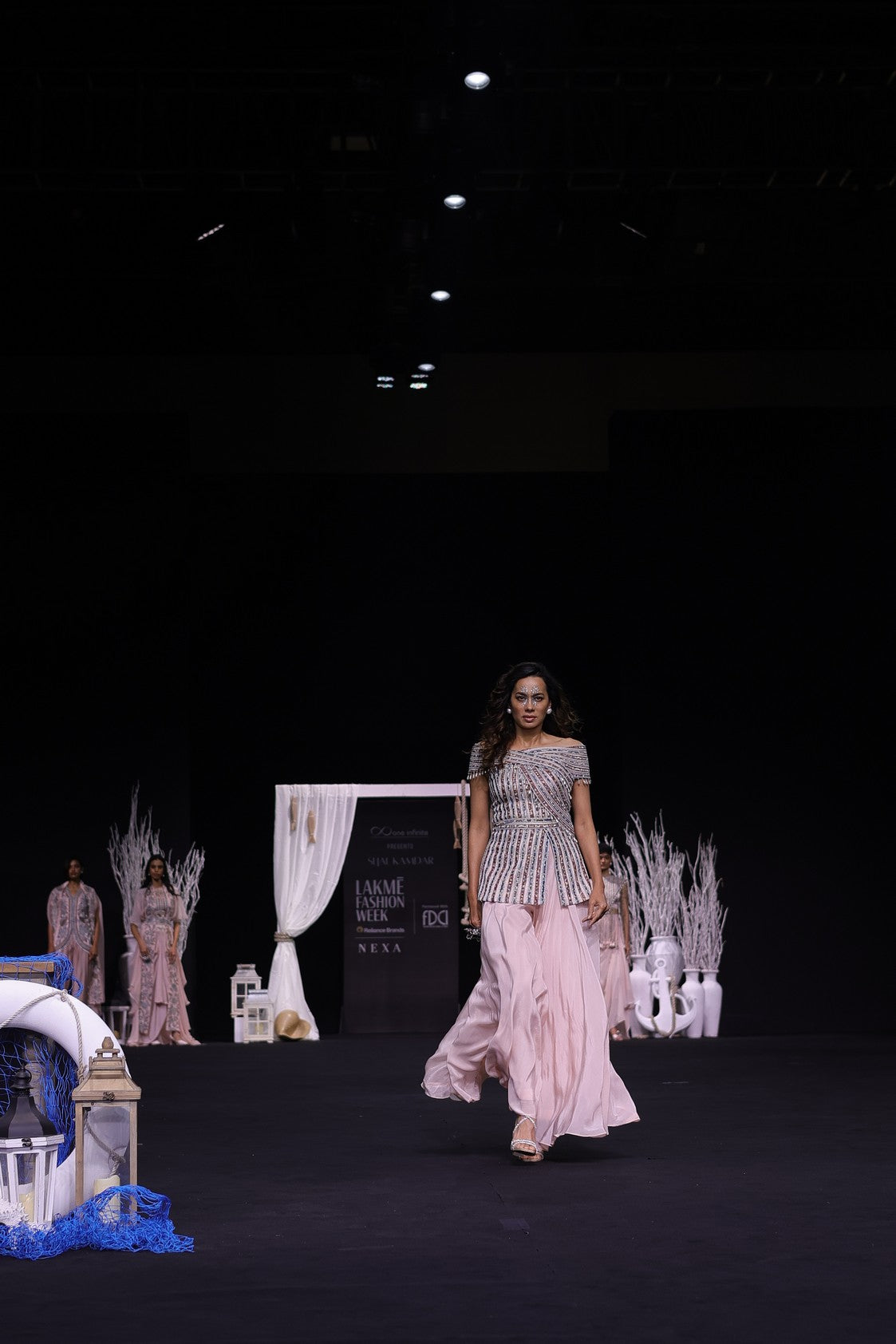 Peacy Pink Off shoulder stripwork peplum top with Flare pants