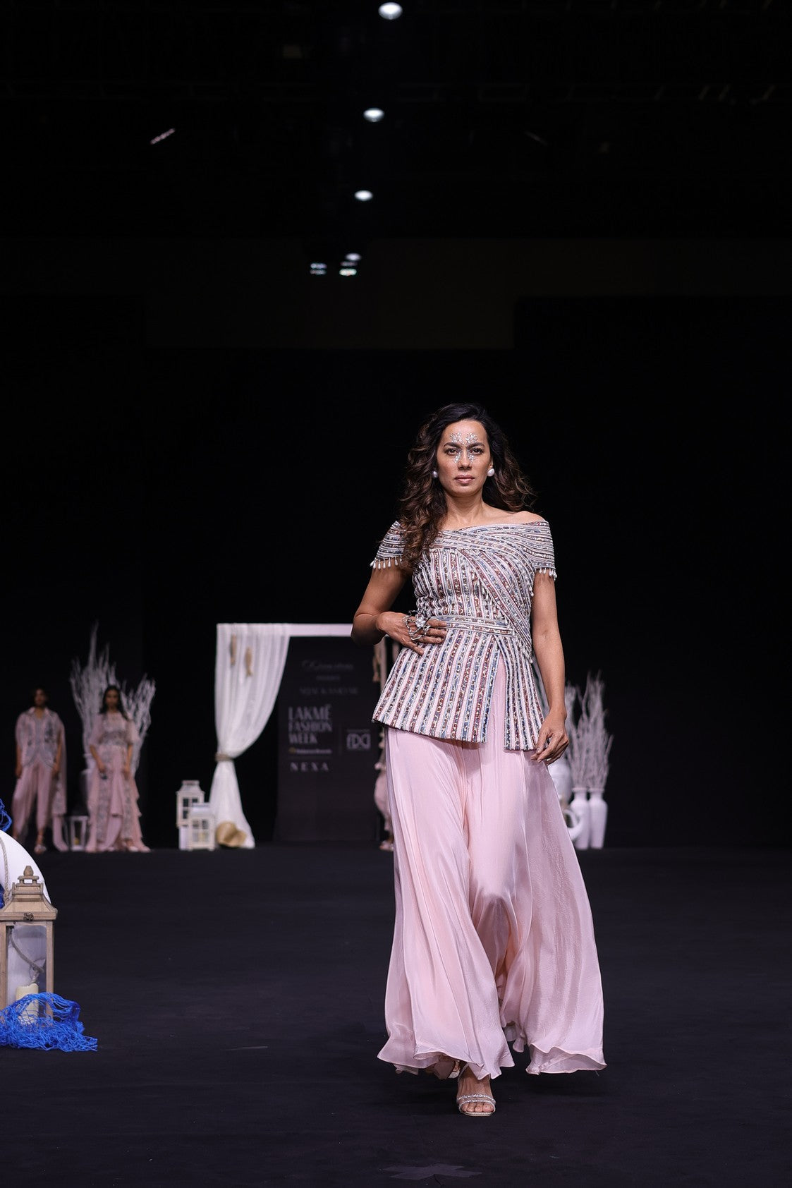 Peacy Pink Off shoulder stripwork peplum top with Flare pants