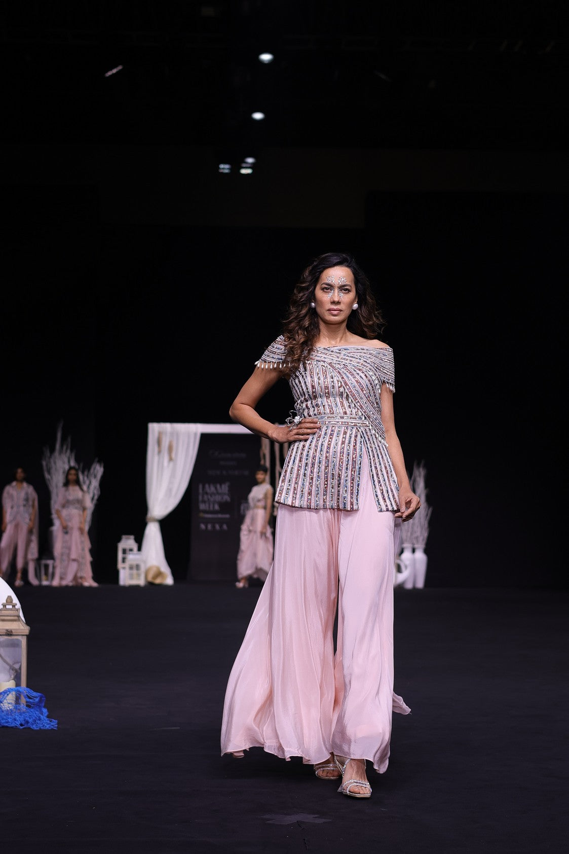 Peacy Pink Off shoulder stripwork peplum top with Flare pants