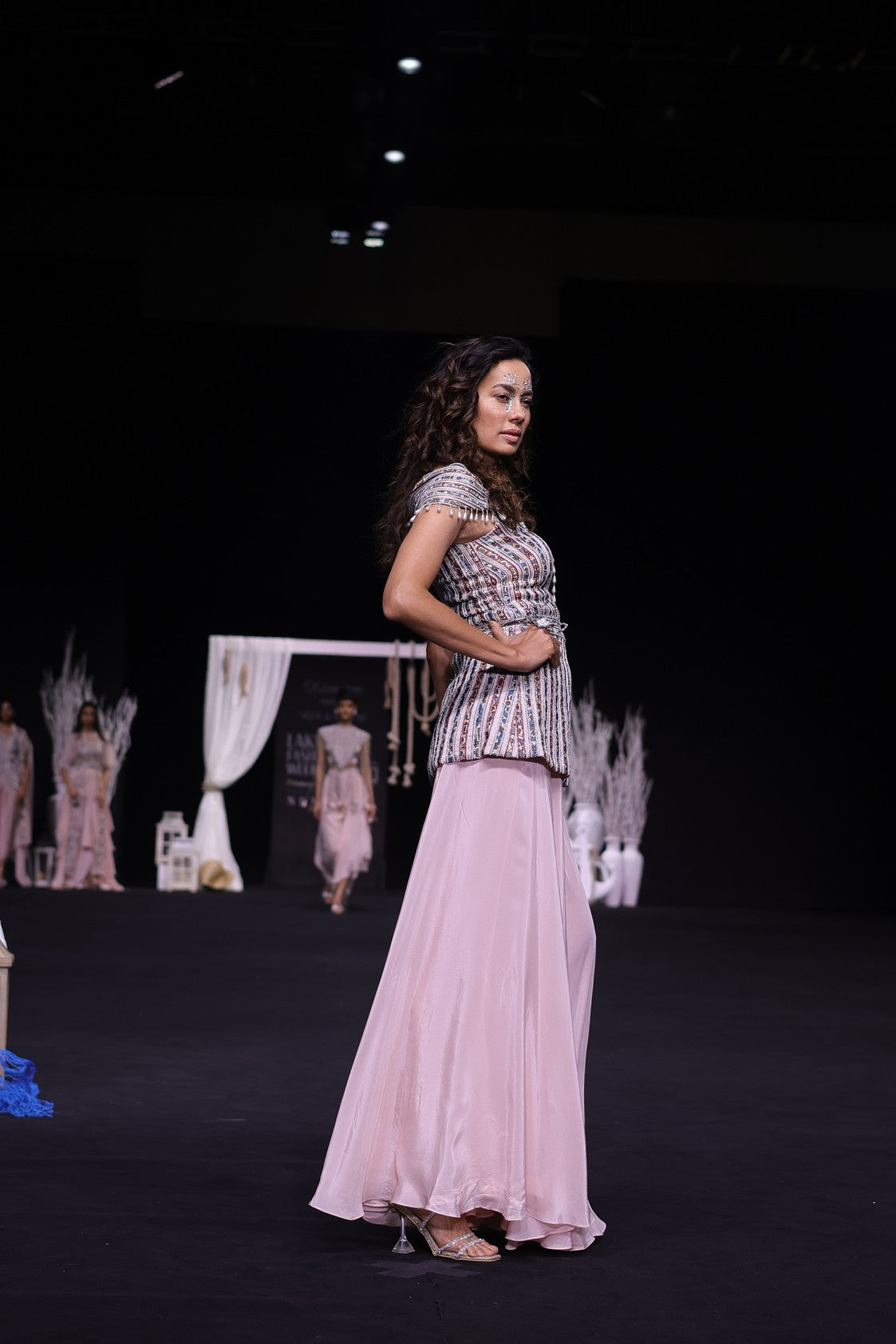 Peacy Pink Off shoulder stripwork peplum top with Flare pants