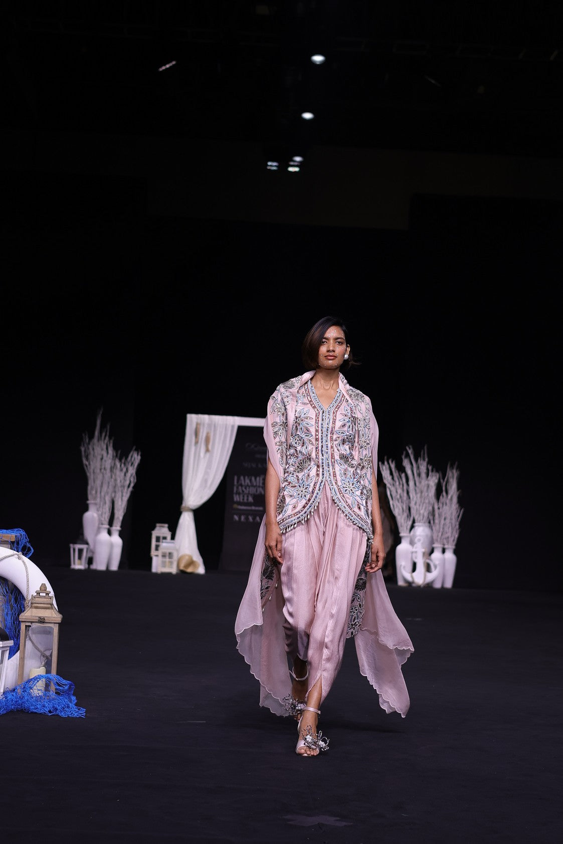 Peachy Pink ajrakh embellished jacket with cape dupatta and dhoti