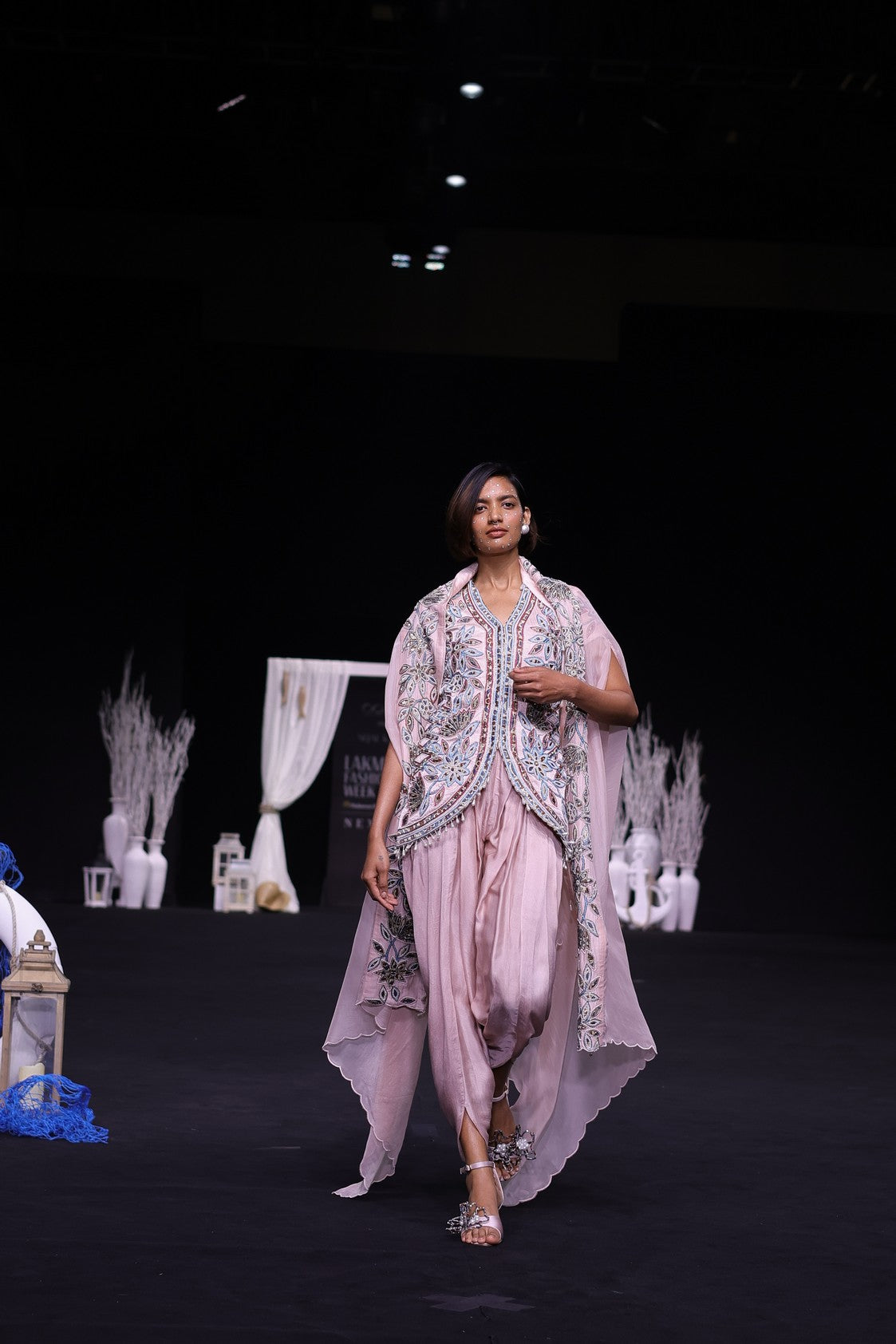 Peachy Pink ajrakh embellished jacket with cape dupatta and dhoti