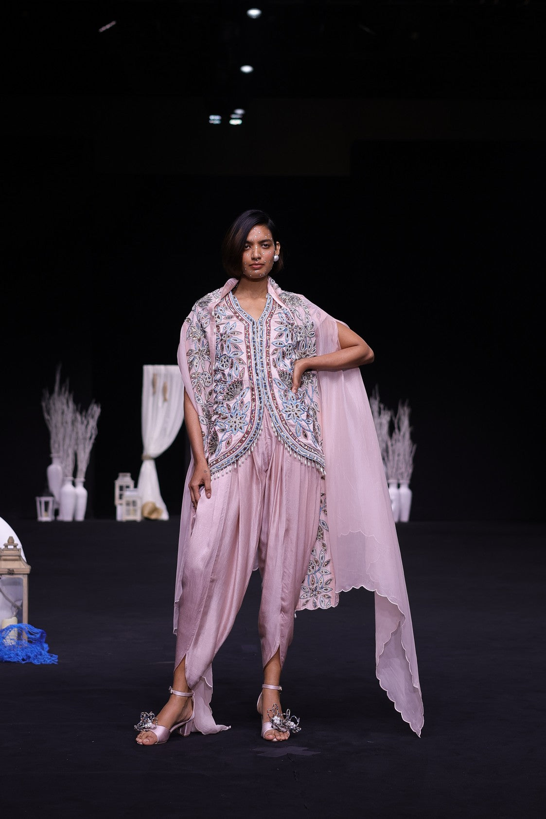 Peachy Pink ajrakh embellished jacket with cape dupatta and dhoti