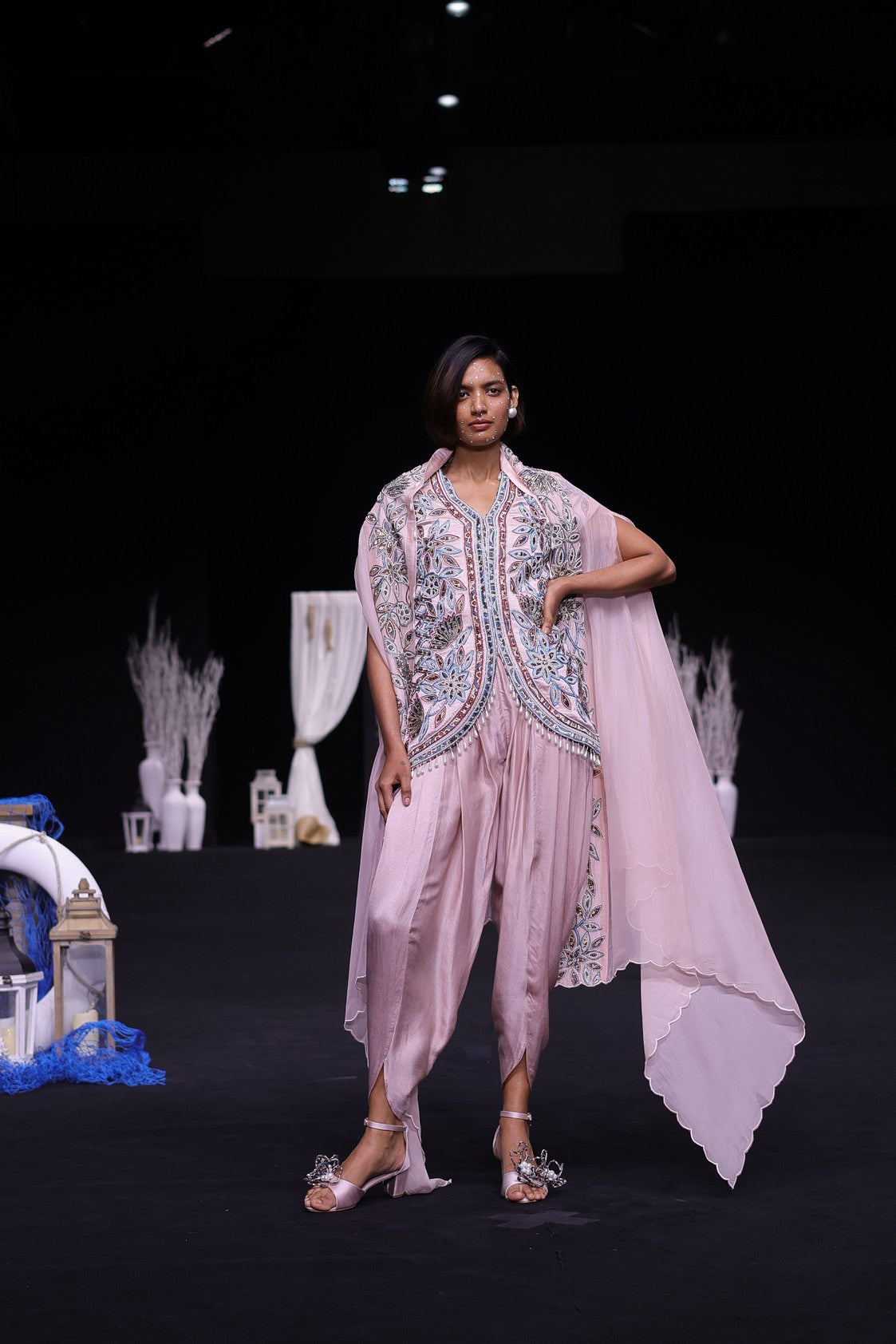 Peachy Pink ajrakh embellished jacket with cape dupatta and dhoti