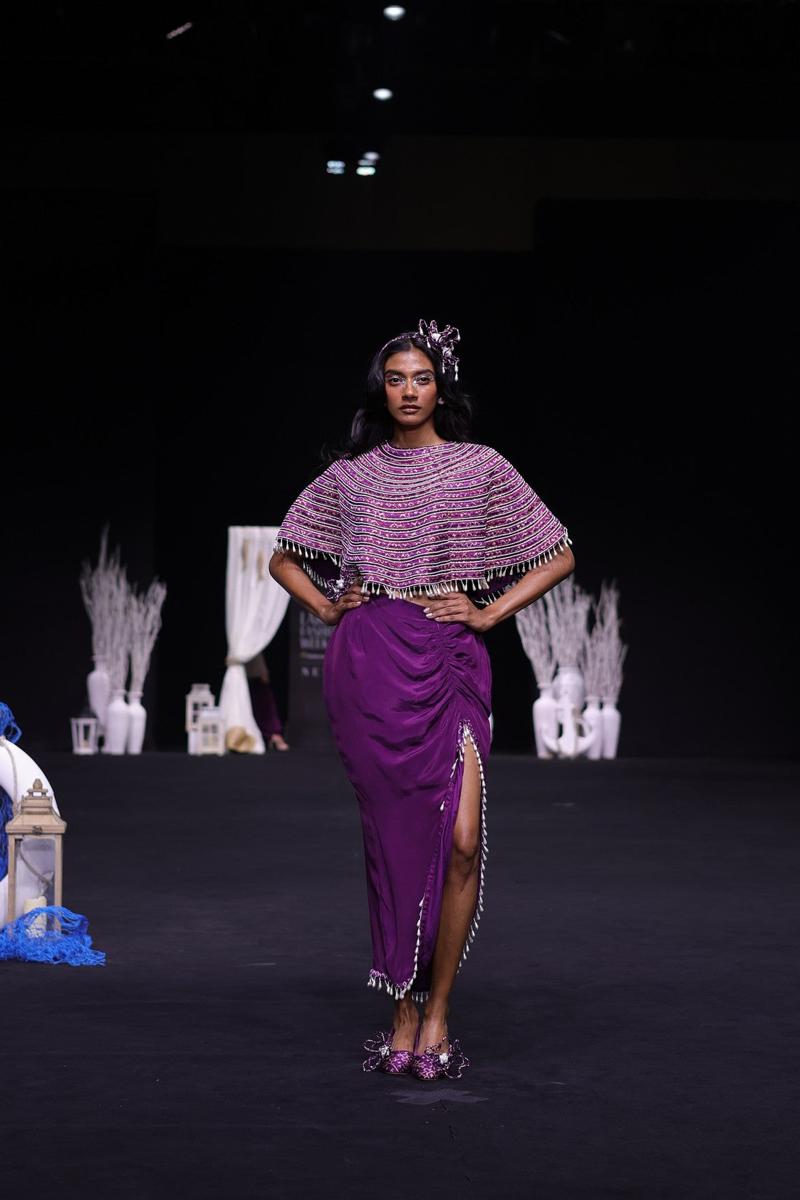Dark purple Ajrakh stripwork capelet with purple bralette and drape skirt