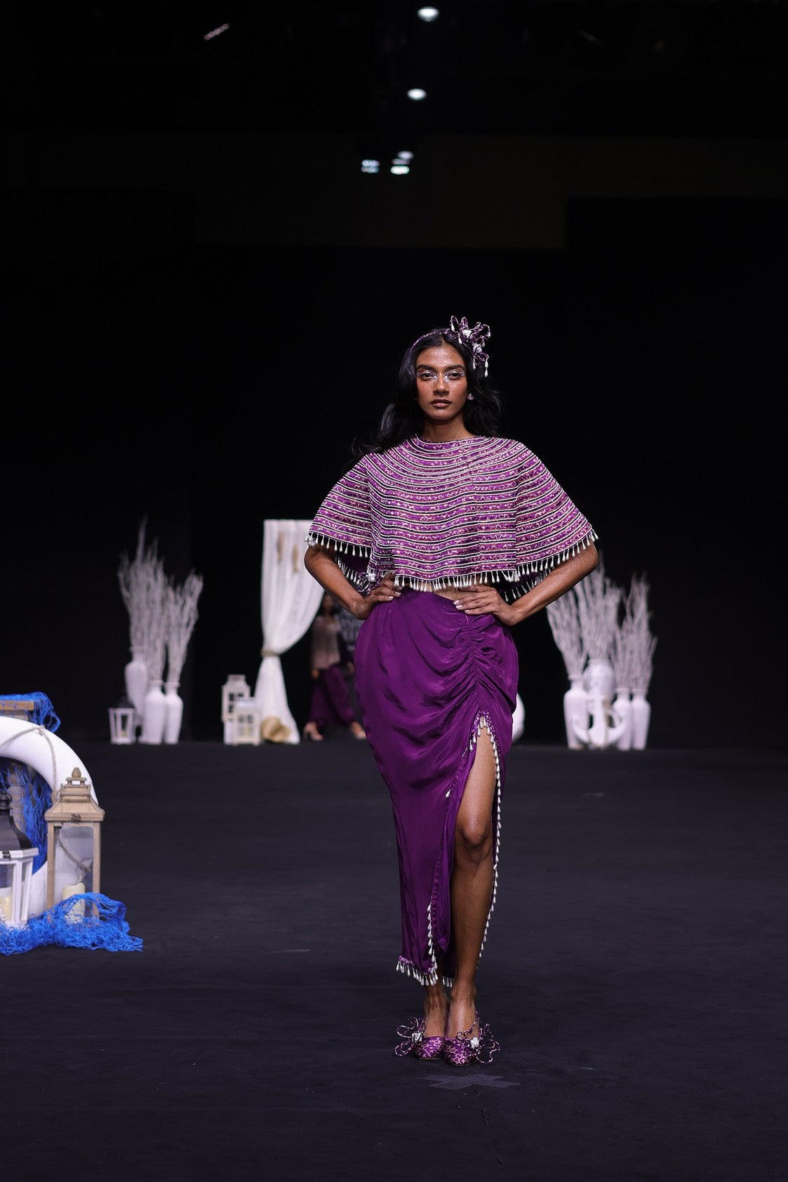 Dark purple Ajrakh stripwork capelet with purple bralette and drape skirt