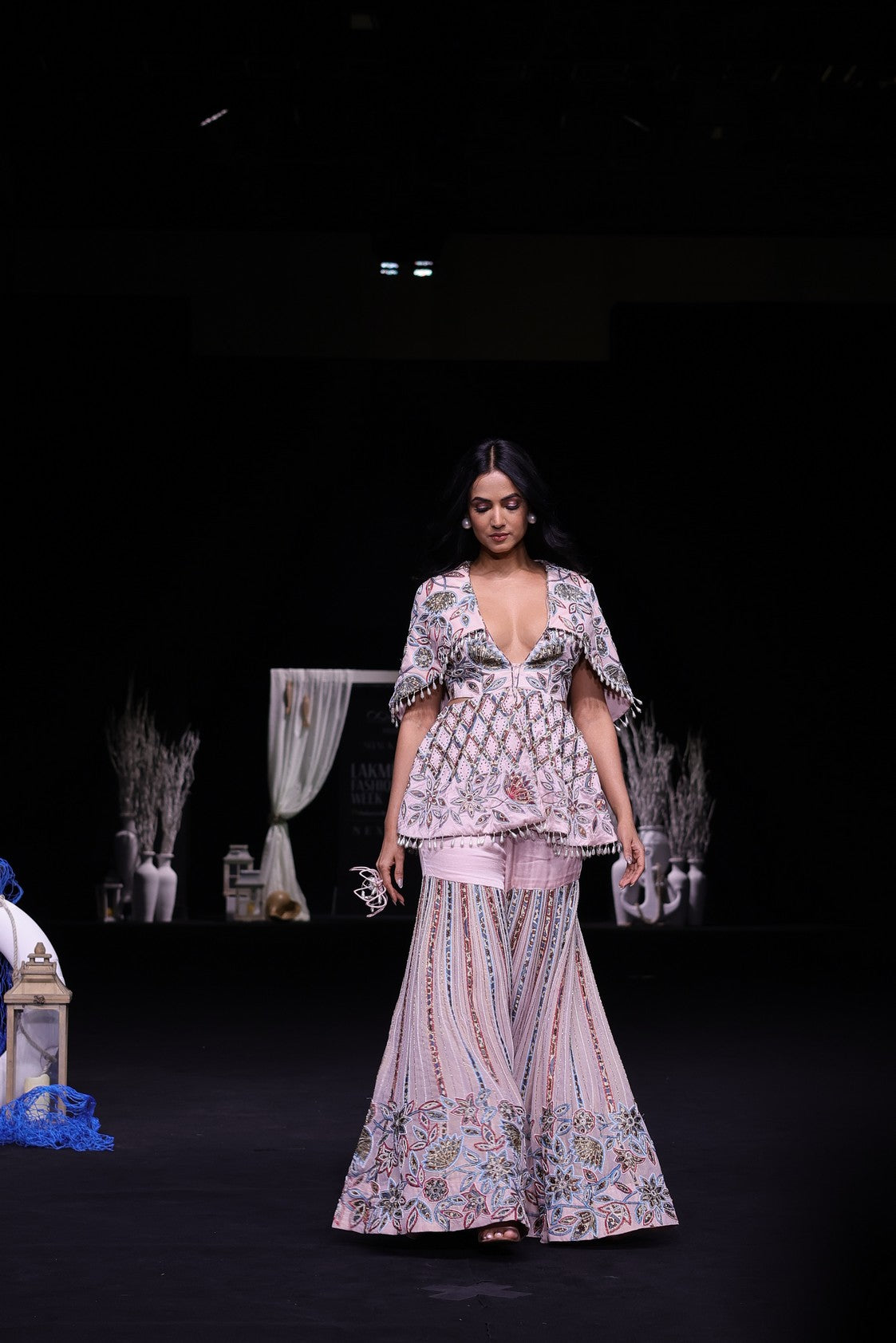 Peachy pink fully handcrafted capelet peplum jacket with Embellished sharara