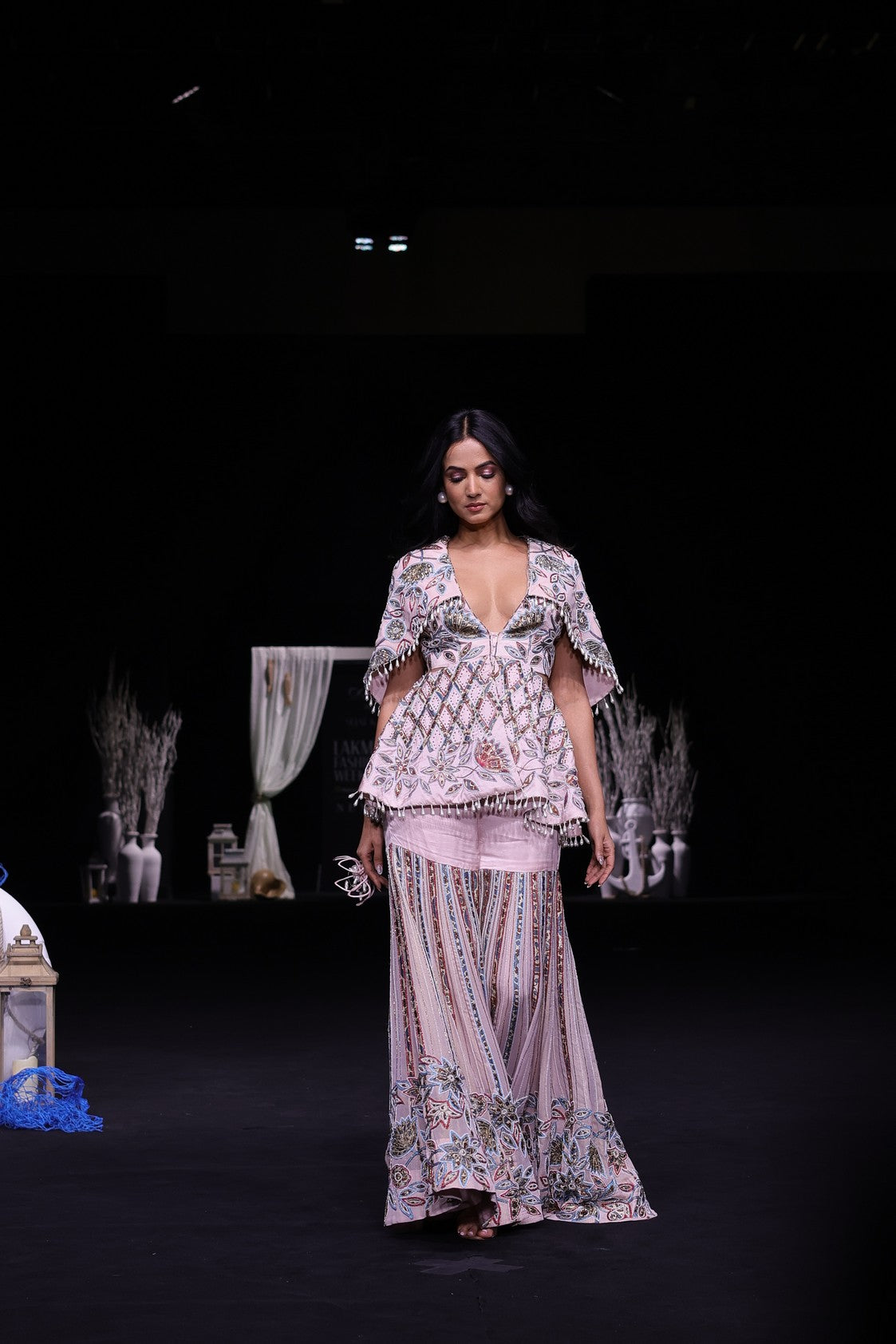 Peachy pink fully handcrafted capelet peplum jacket with Embellished sharara