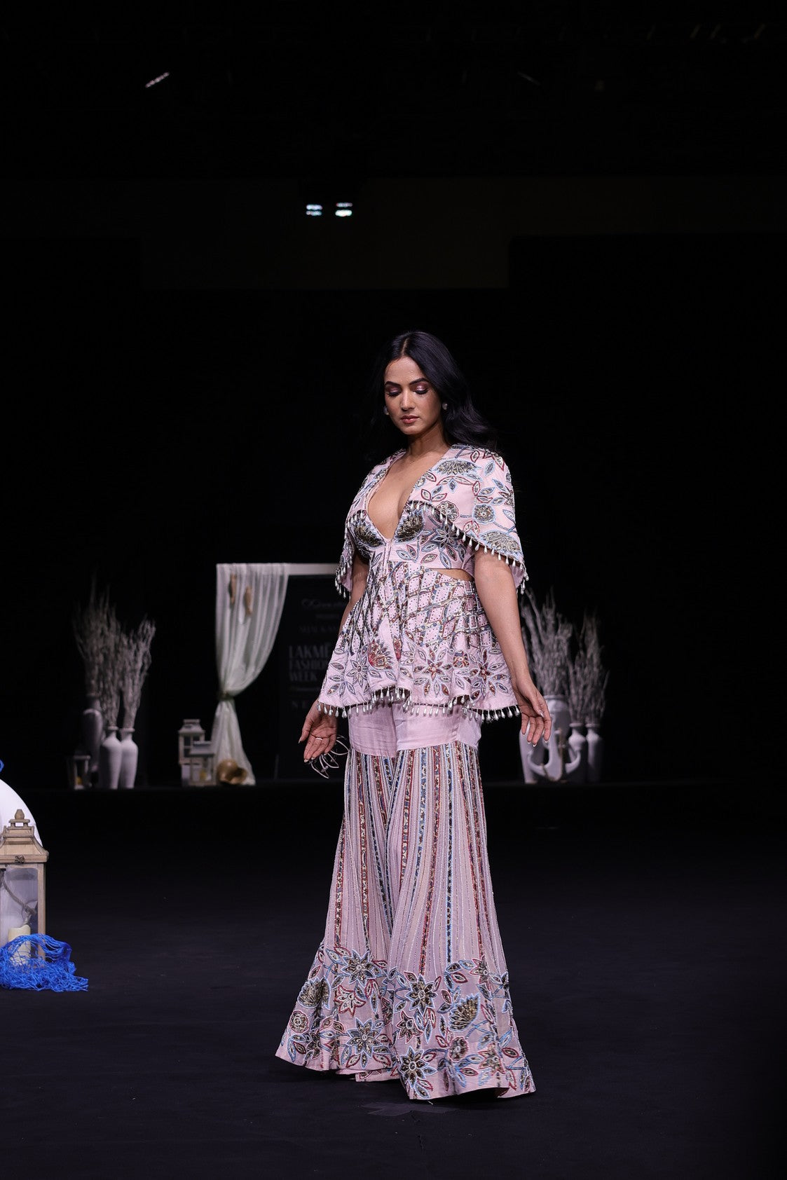 Peachy pink fully handcrafted capelet peplum jacket with Embellished sharara