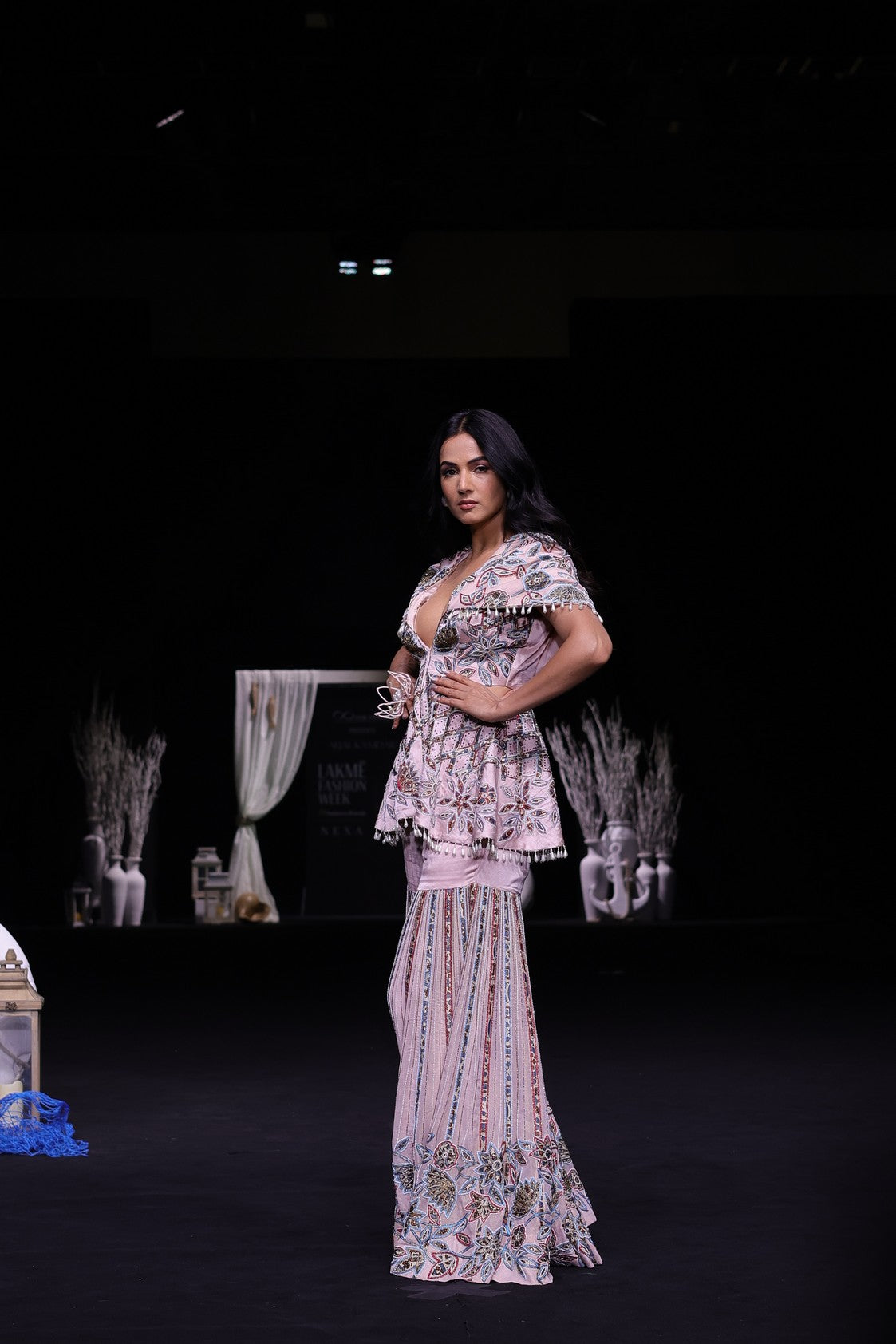 Peachy pink fully handcrafted capelet peplum jacket with Embellished sharara