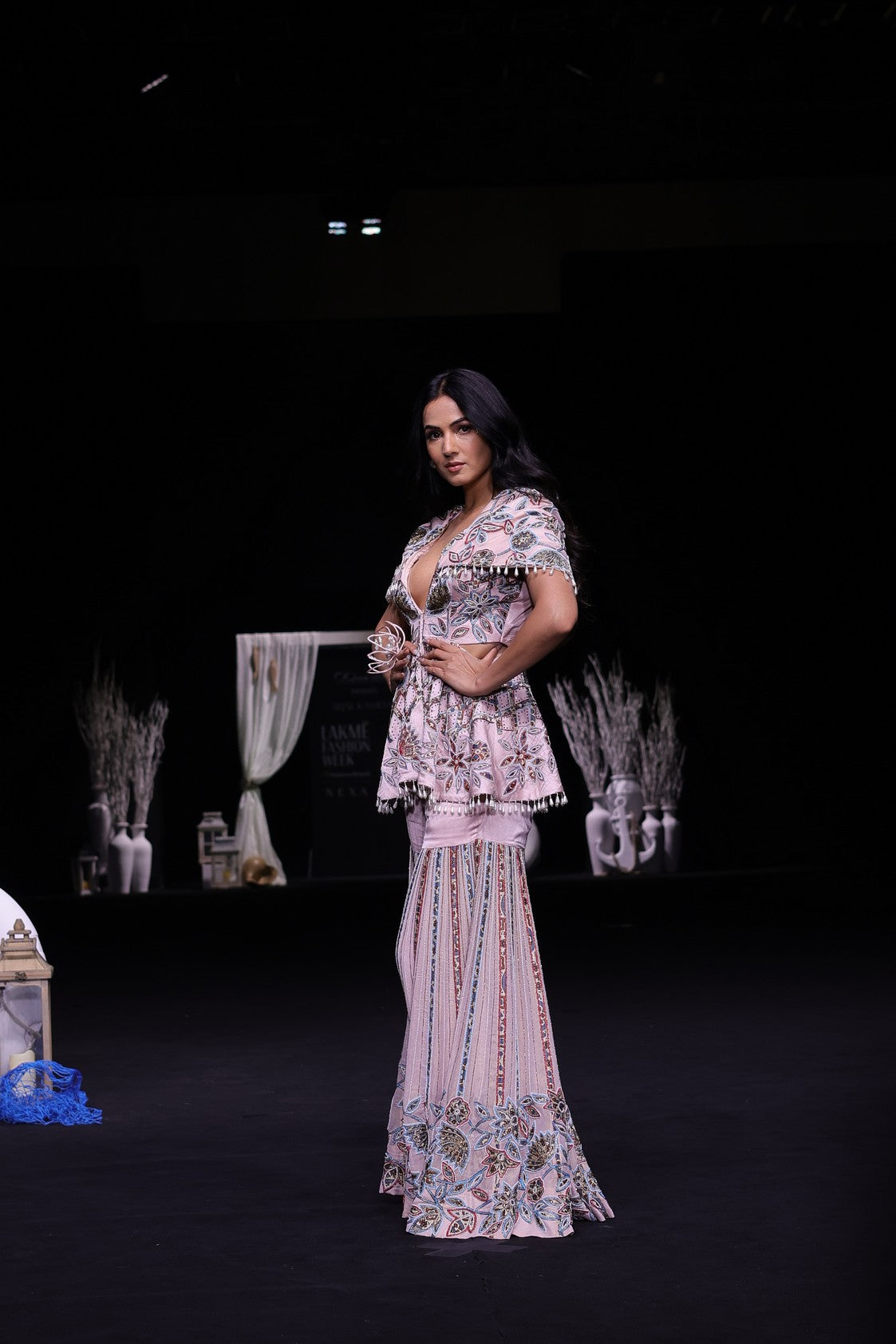 Peachy pink fully handcrafted capelet peplum jacket with Embellished sharara