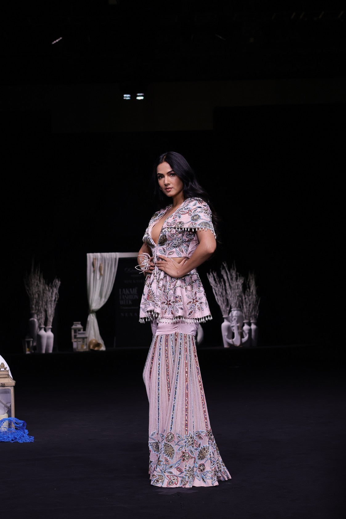 Peachy pink fully handcrafted capelet peplum jacket with Embellished sharara