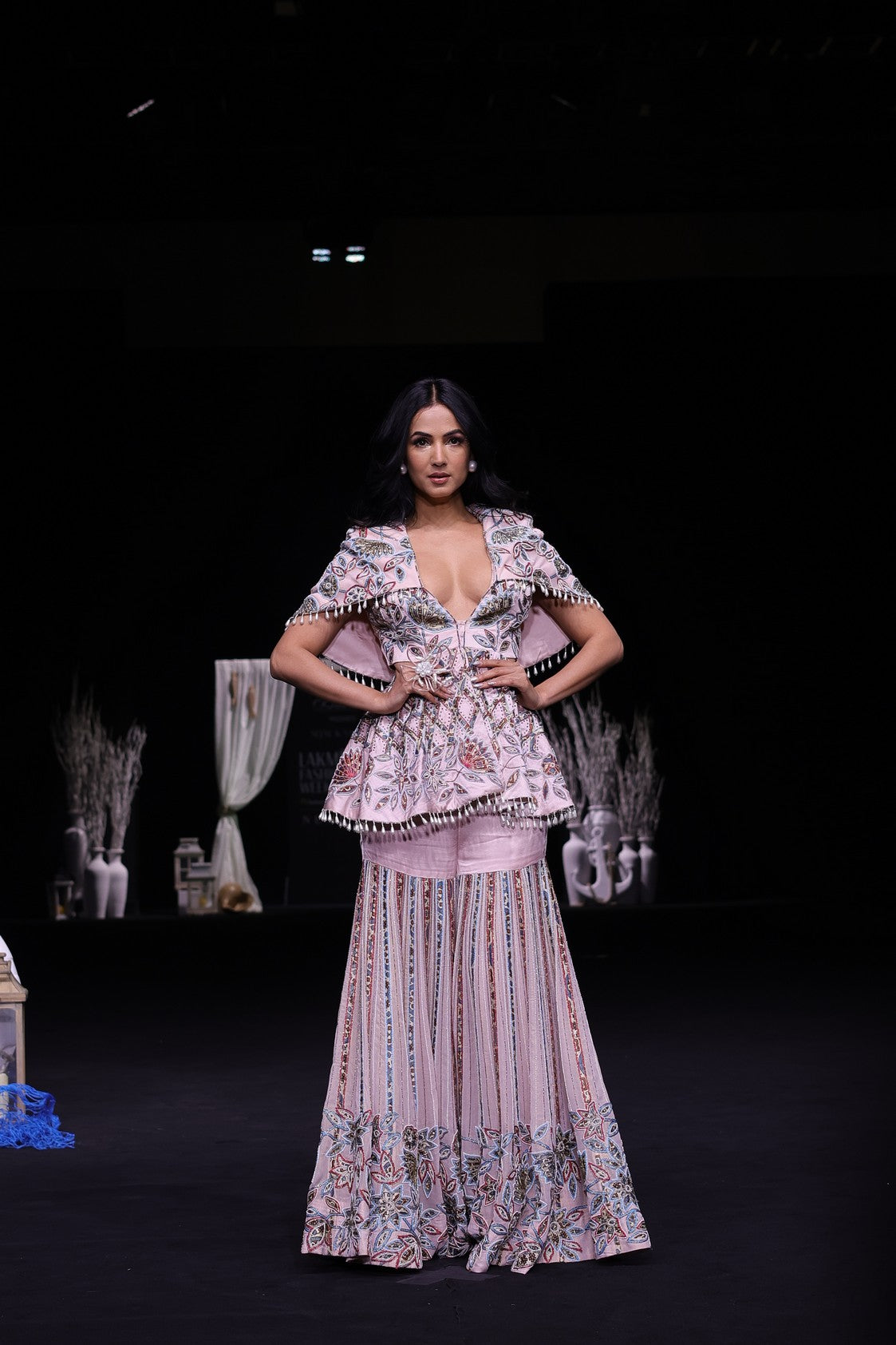 Peachy pink fully handcrafted capelet peplum jacket with Embellished sharara