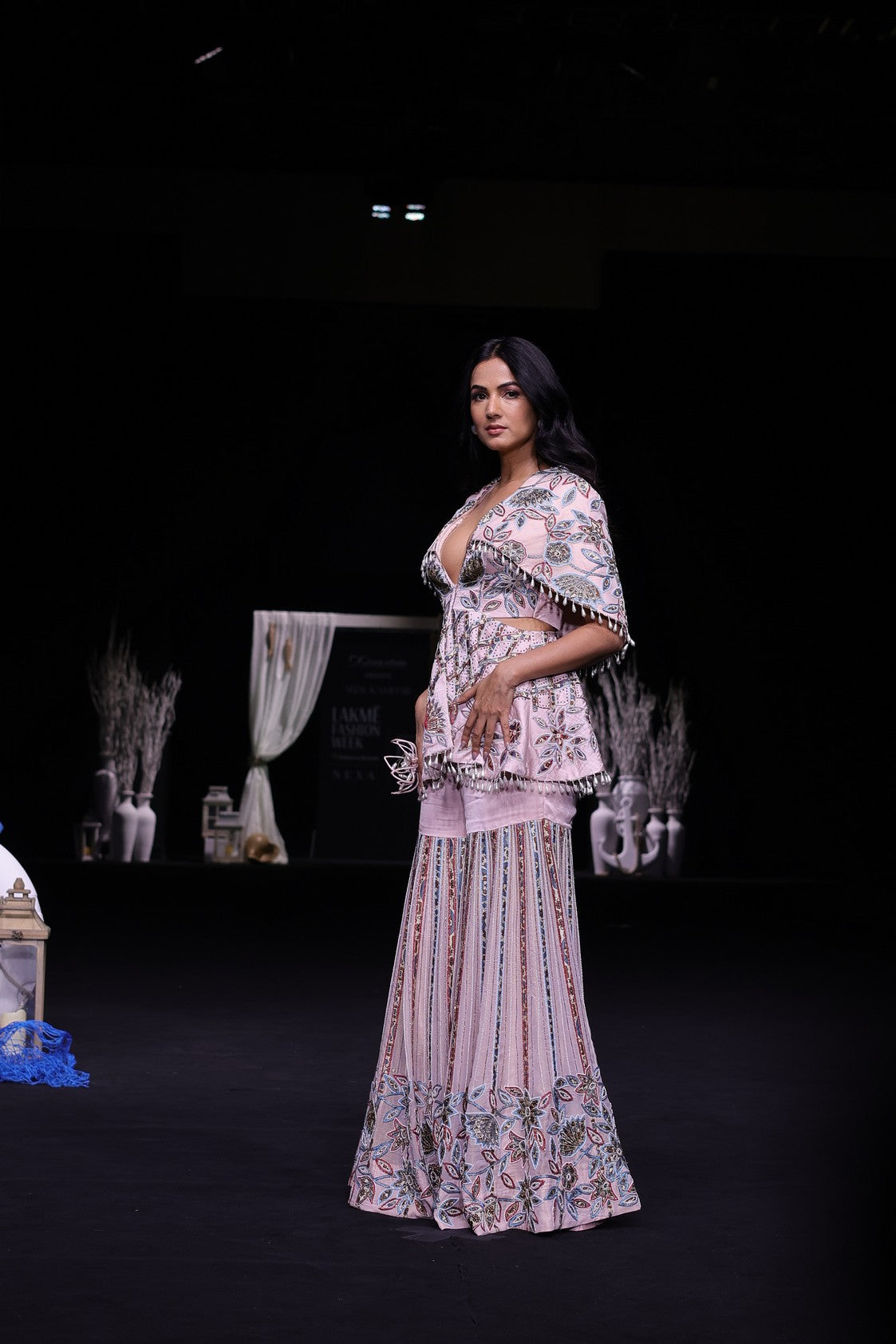 Peachy pink fully handcrafted capelet peplum jacket with Embellished sharara