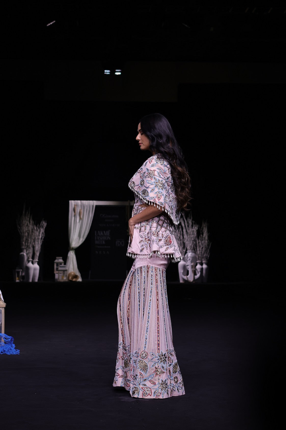 Peachy pink fully handcrafted capelet peplum jacket with Embellished sharara