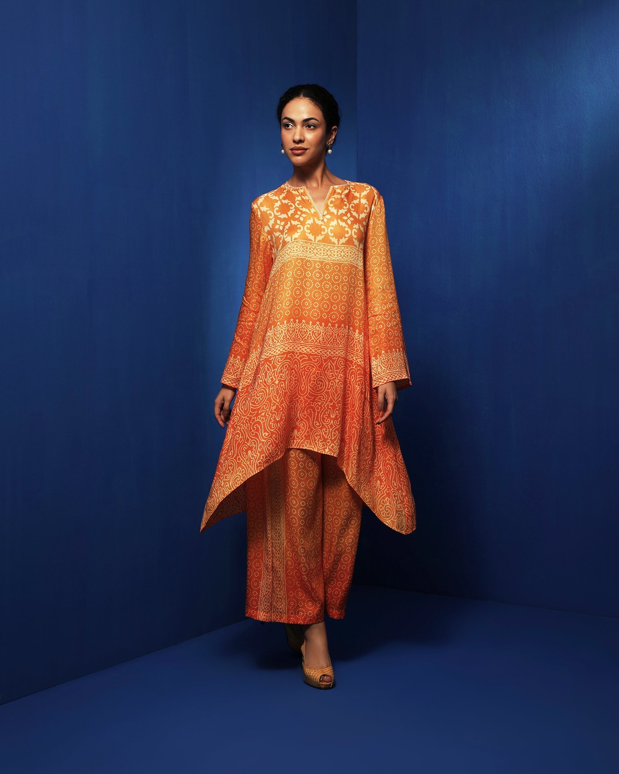 Orange ombre block printed tunic set