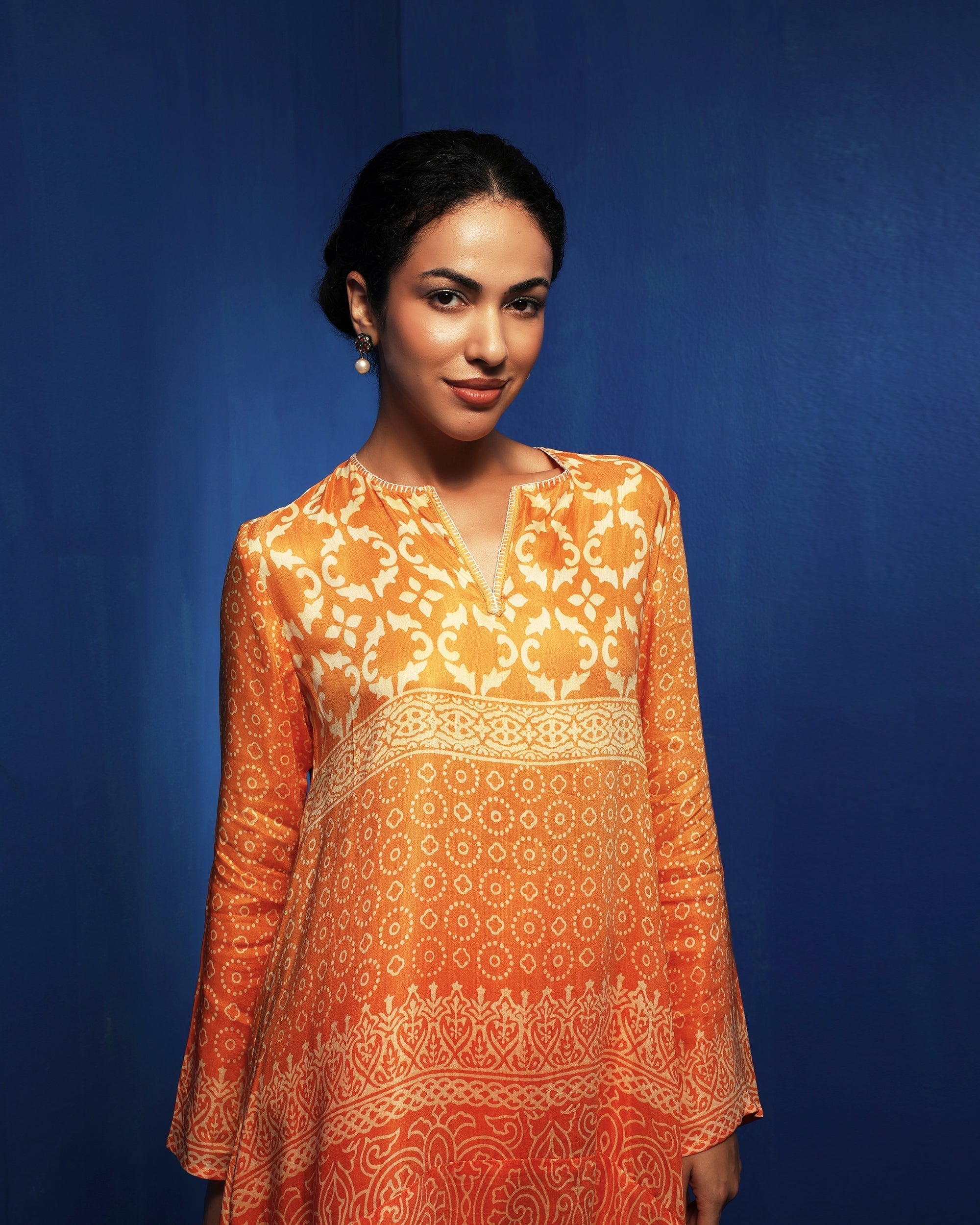 Orange ombre block printed tunic set