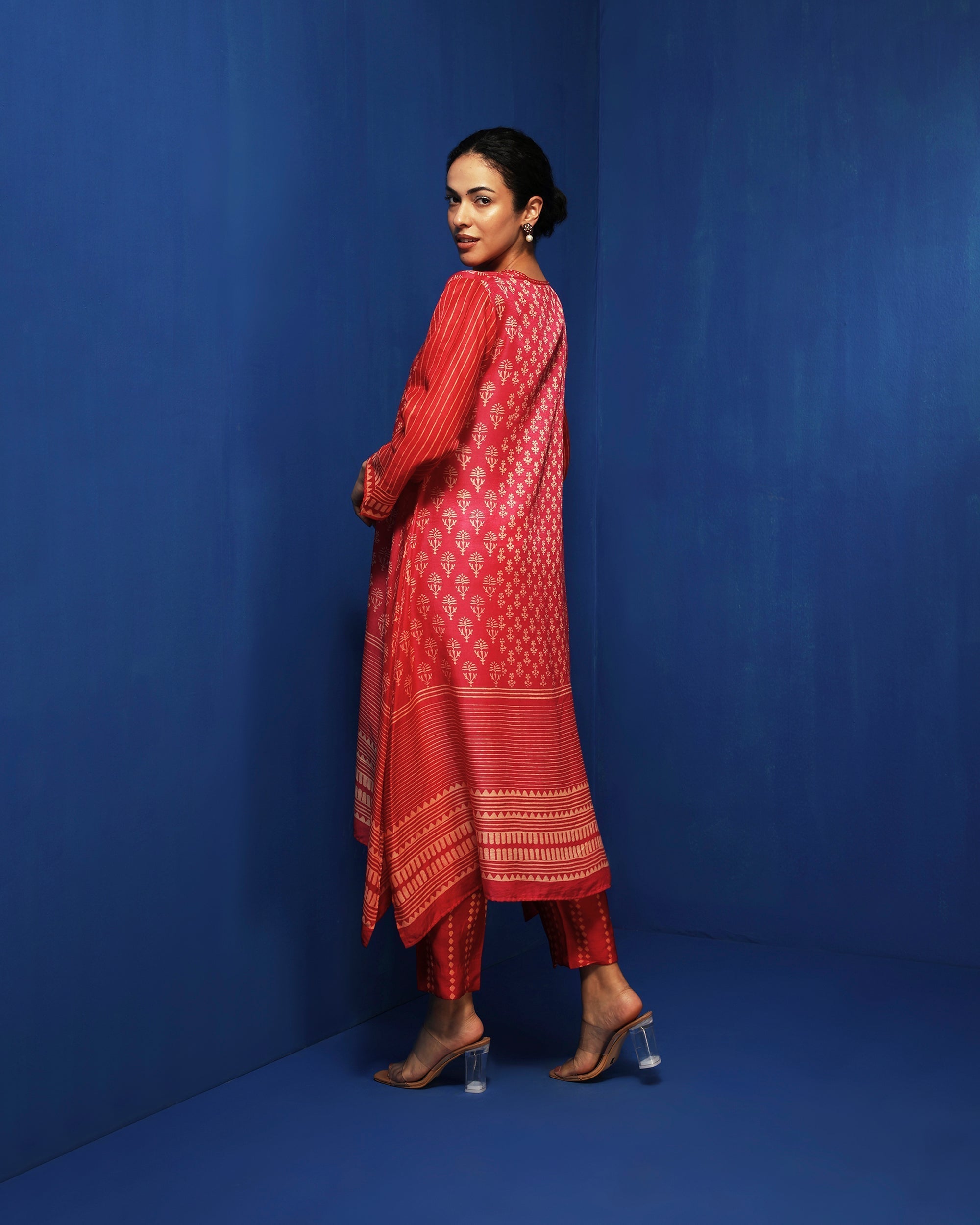 Red ombre block printed tunic set