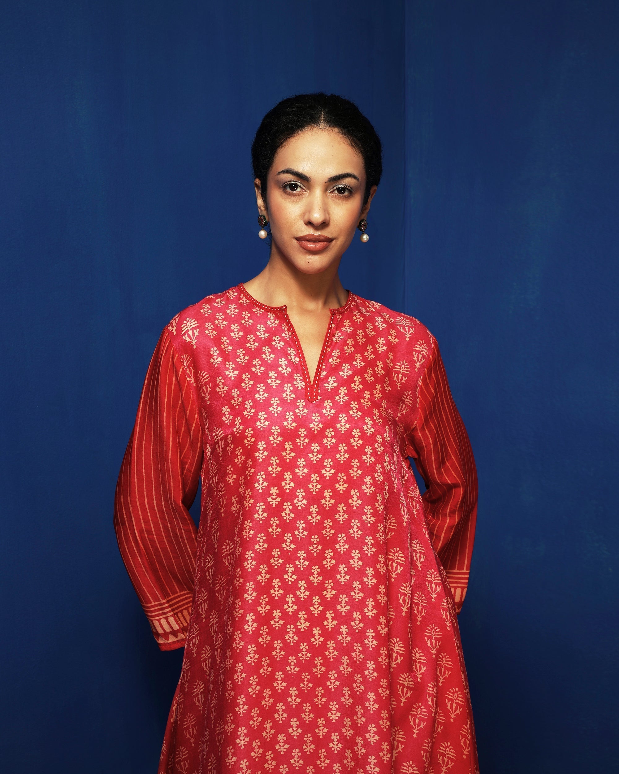 Red ombre block printed tunic set