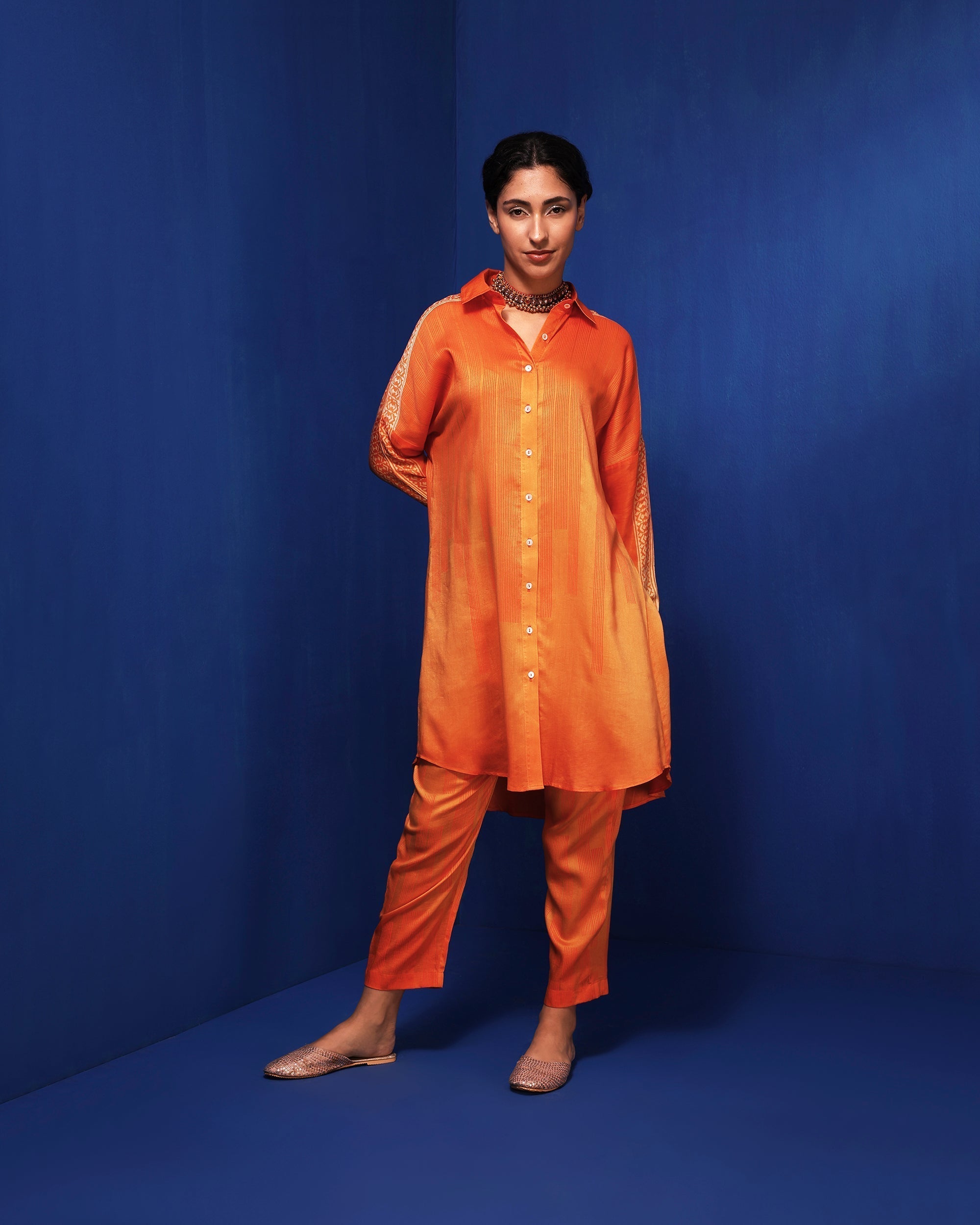 Orange ombre block printed shirt tunic set