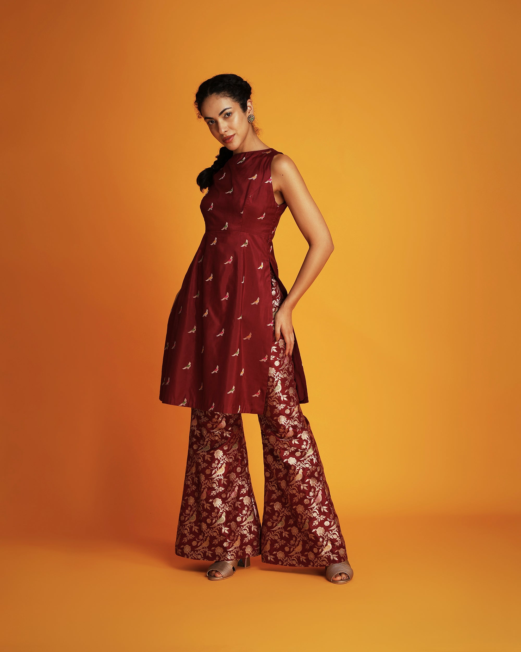 Maroon silk brocade bell bottom pants