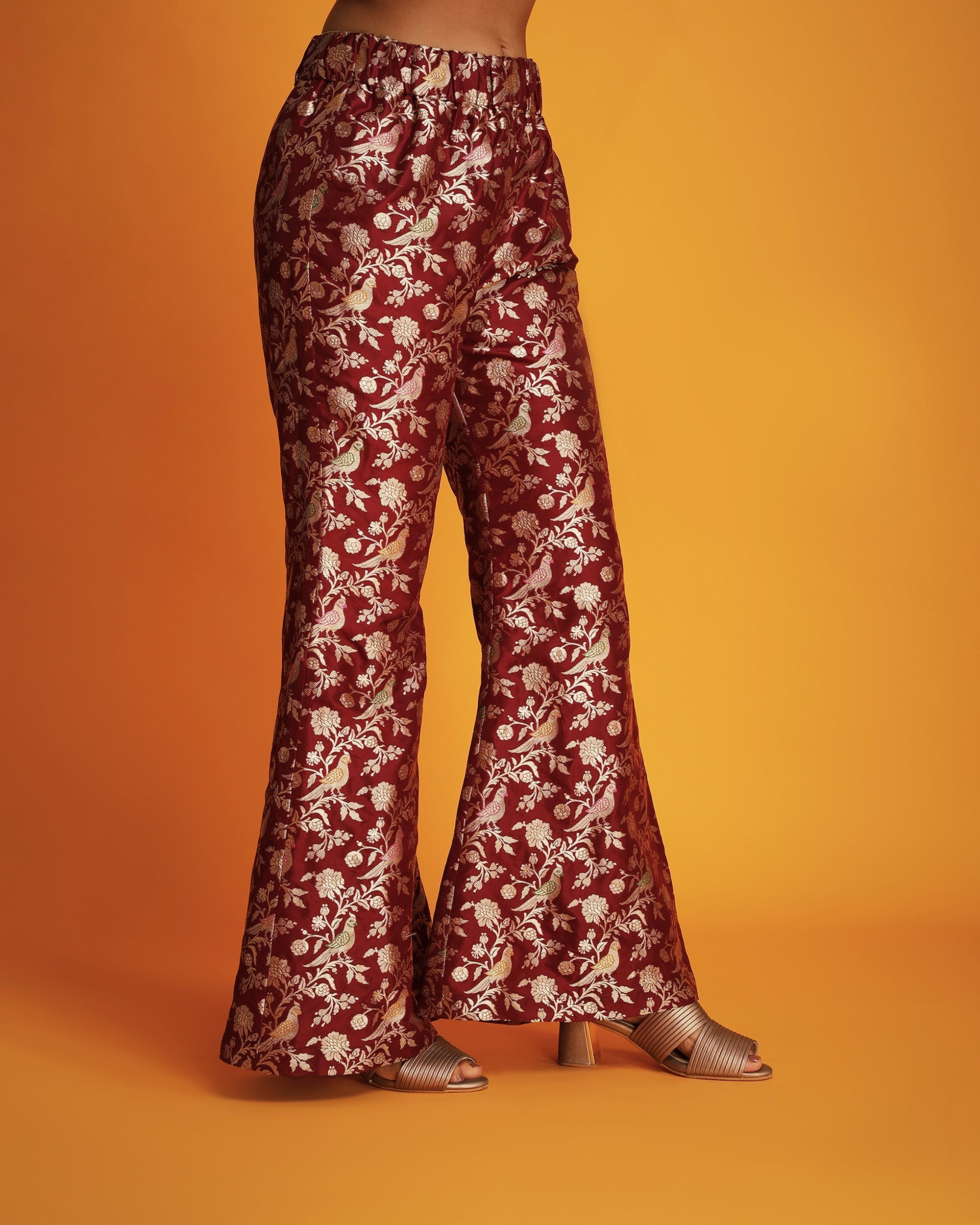 Maroon silk brocade bell bottom pants