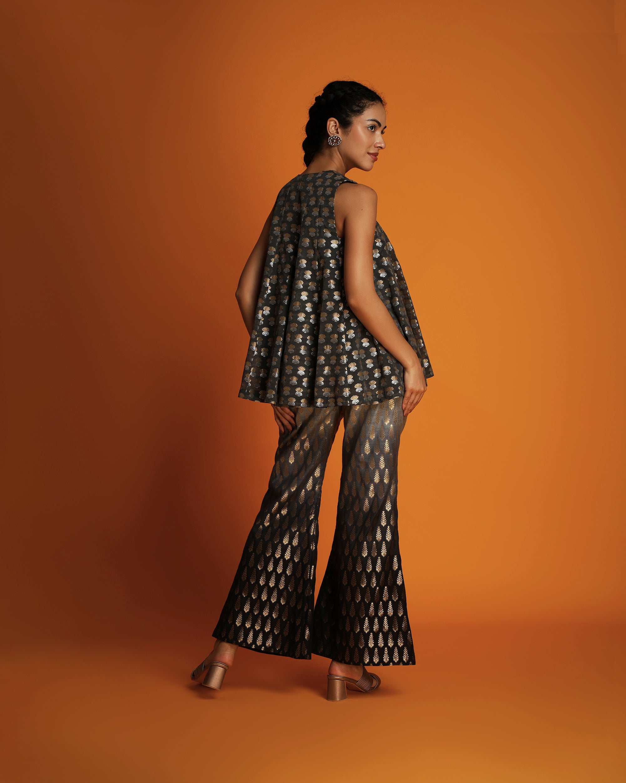 Charcoal grey brocade silk swing top