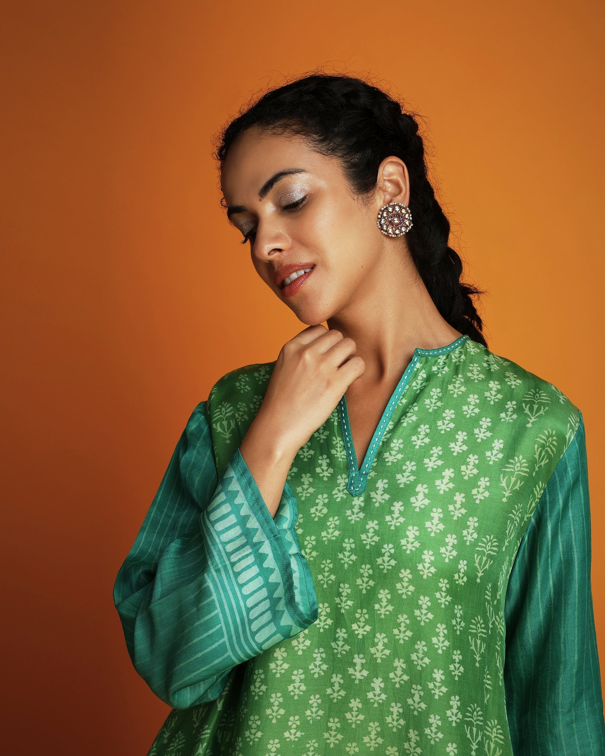 Green ombre block printed tunic set