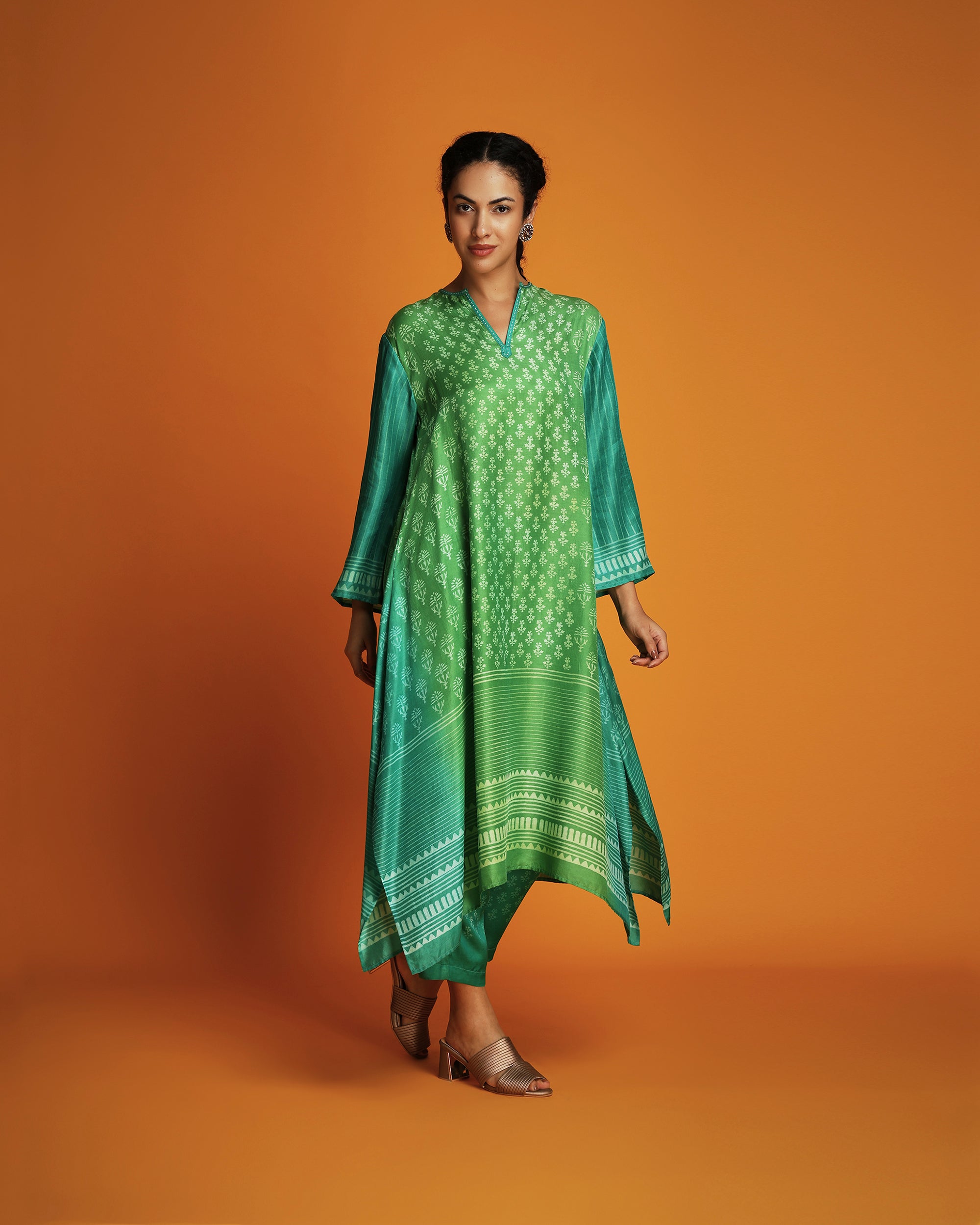 Green ombre block printed tunic set
