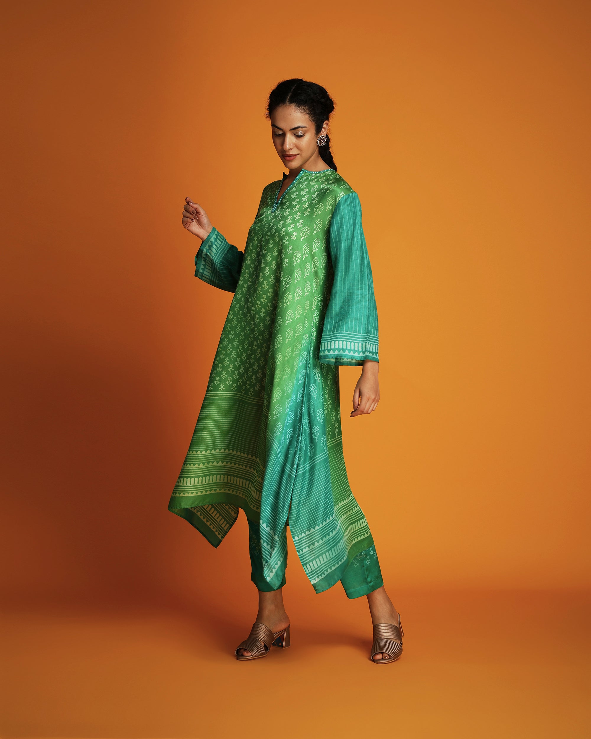 Green ombre block printed tunic set